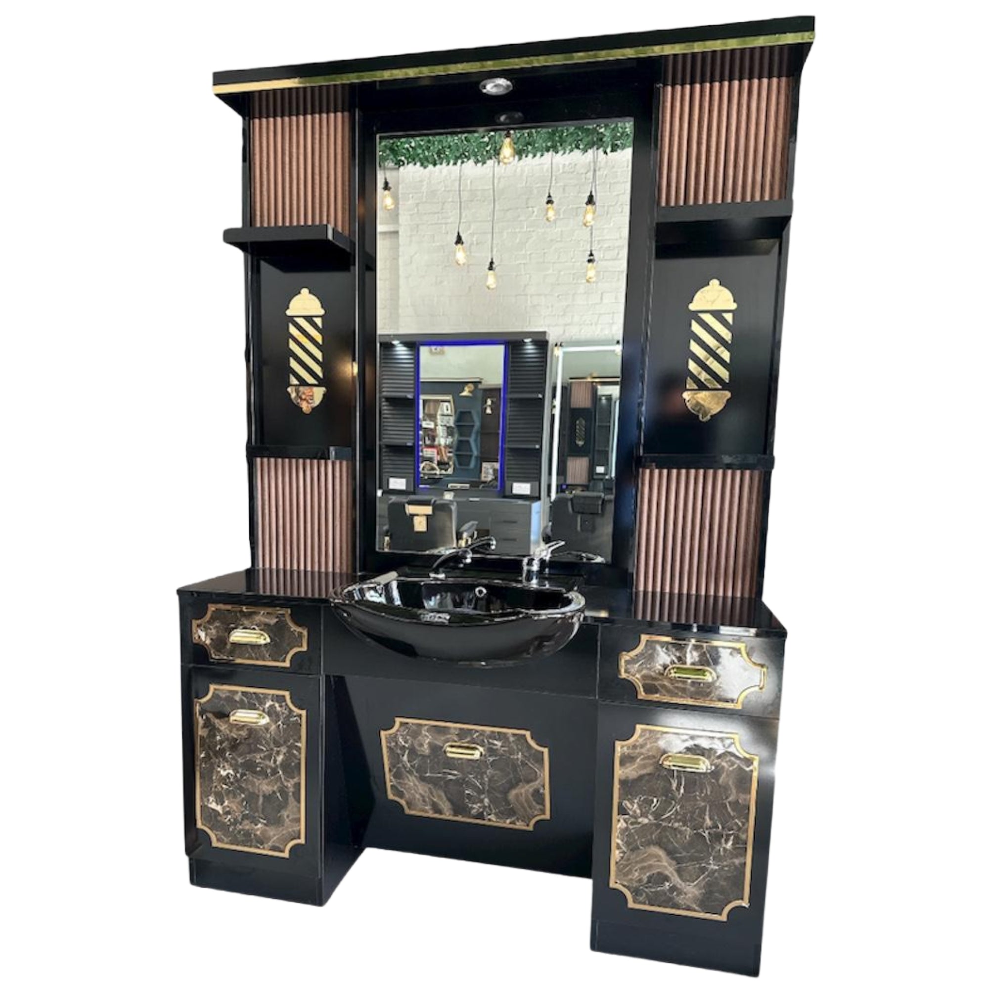 Barber Station Unit - Luxurious Black & Gold Station With Marble Accents