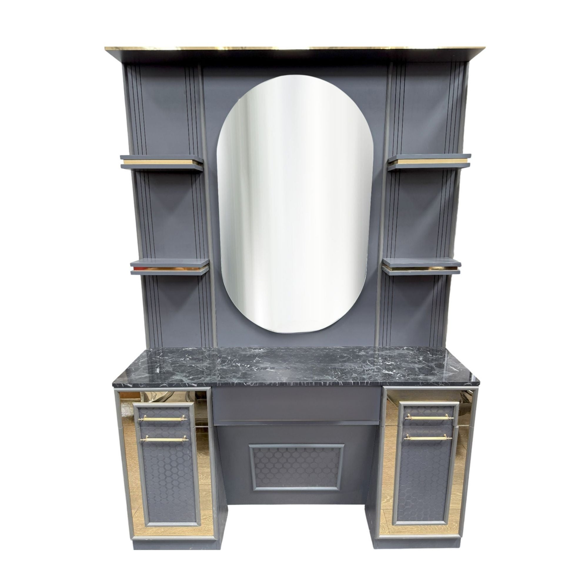 Barber Station Unit - Modern Grey Station with Marble Top & Gold Accents