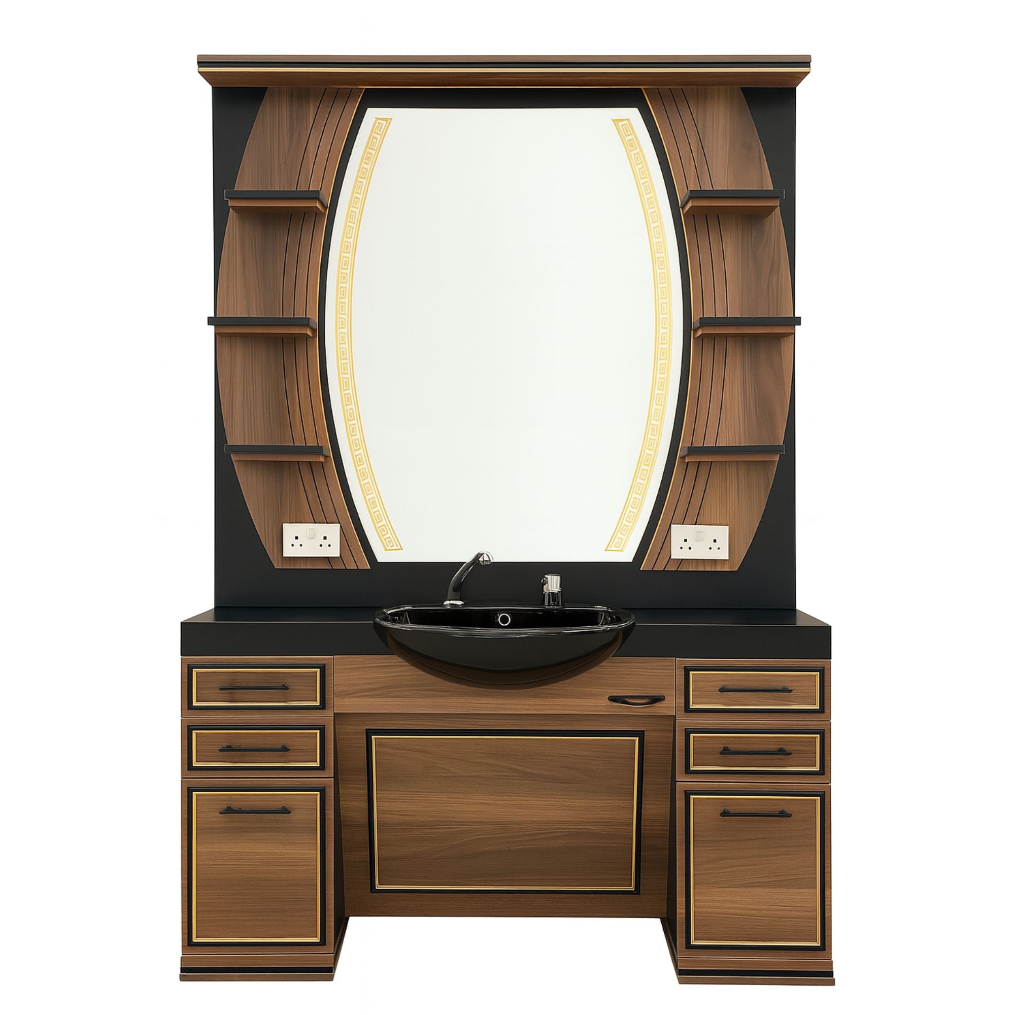 Barber Station Unit - Walnut & Black Station With Black Sink & Led Mirror