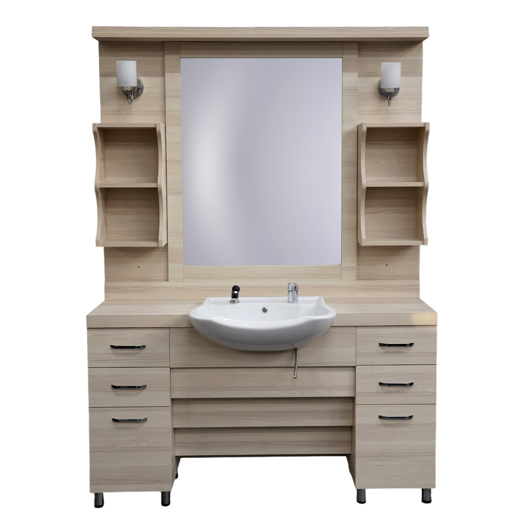 Barber Station Unit - Light Oak Effect Styling Station With White Sink & Sconce Lights