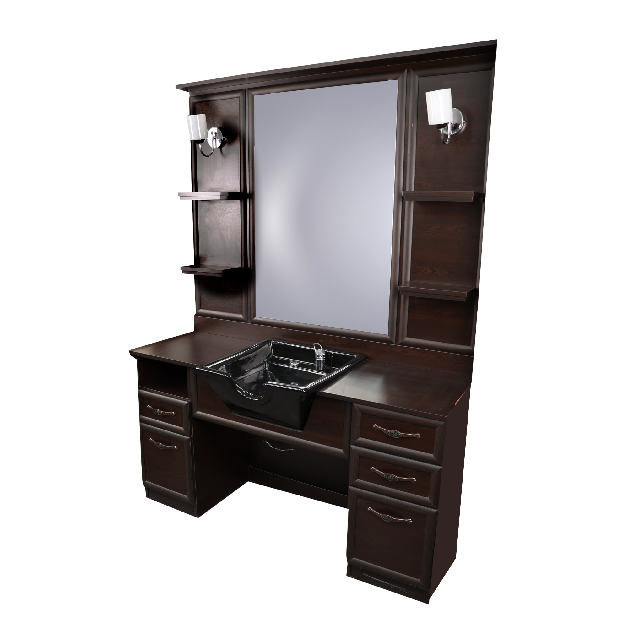 Barber Station Unit - Dark Walnut Finish Station With Black Basin