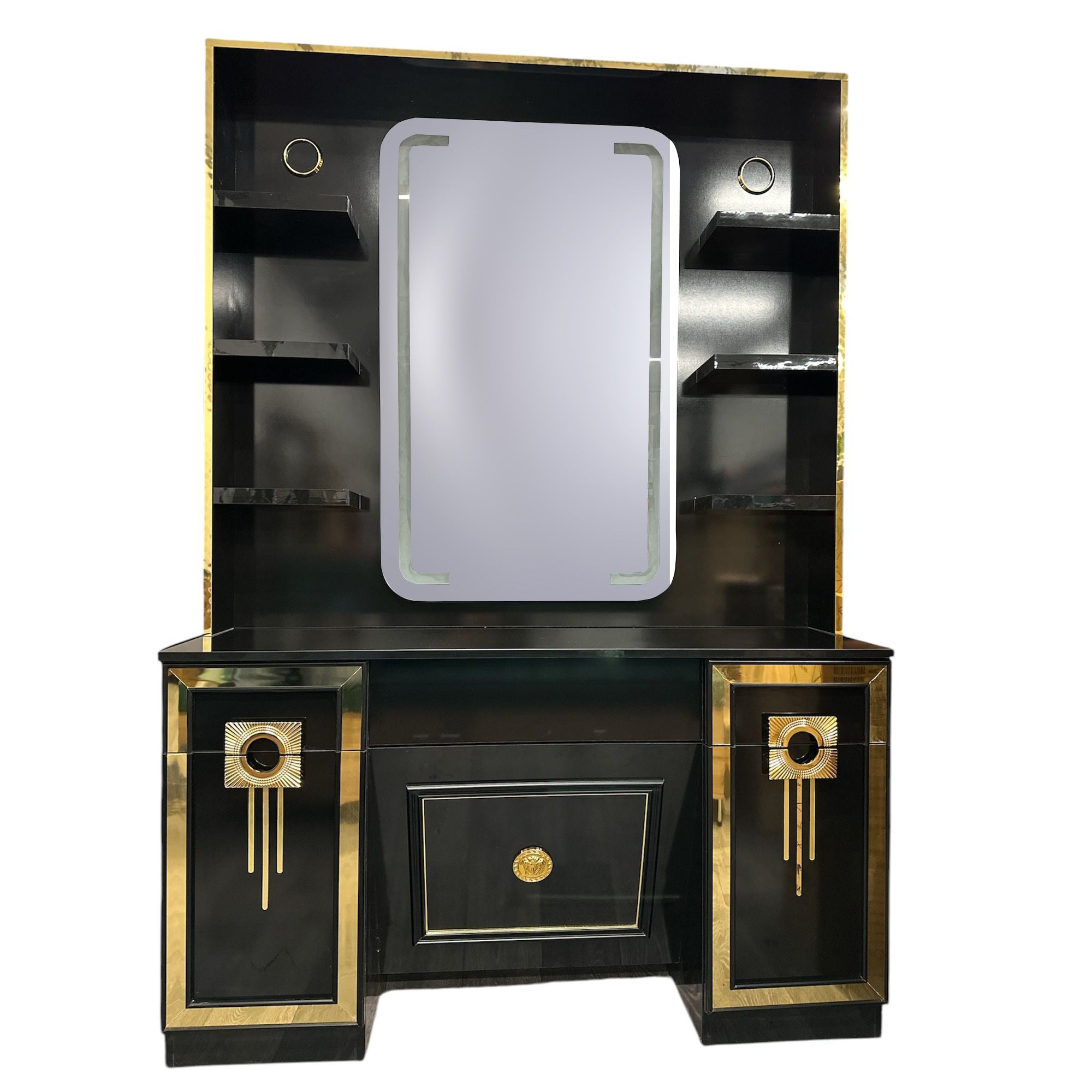 Barber Station Unit - Gloss Black & Gold Station With LED Mirror