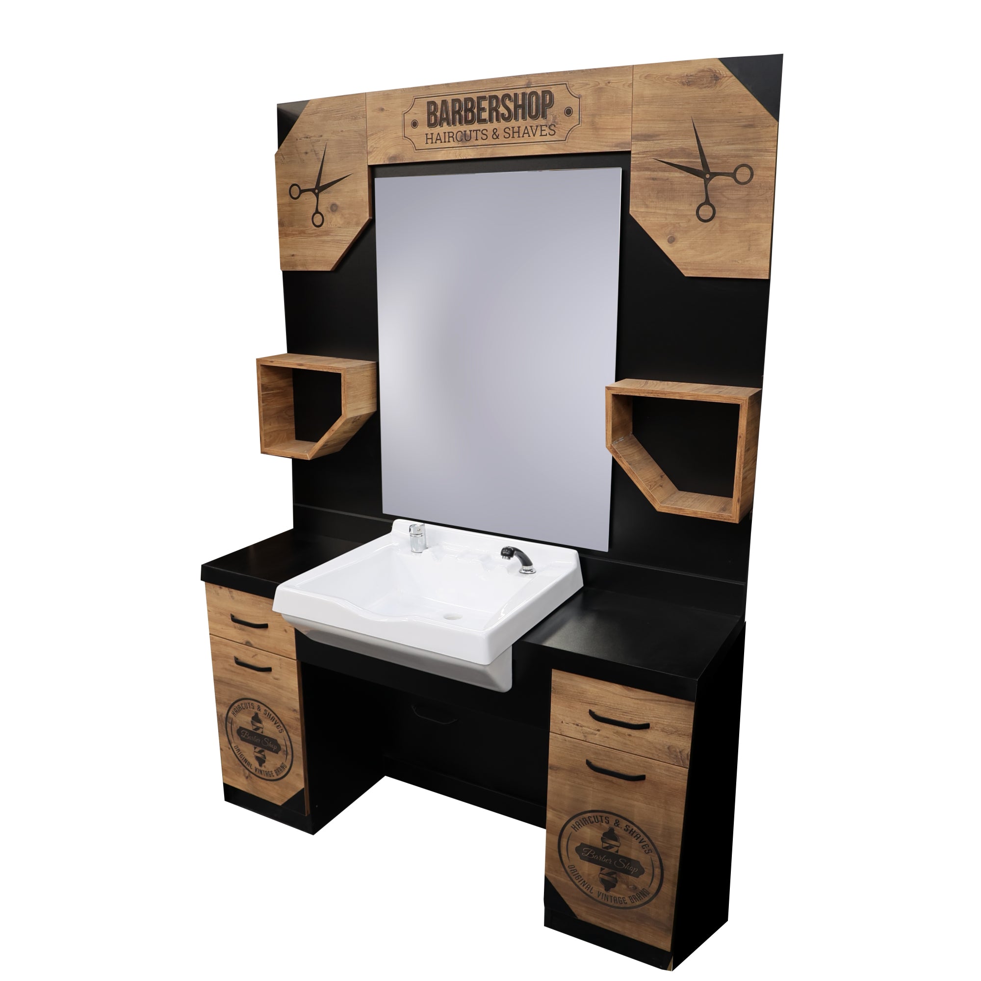 Barber Station Unit - Light Wood & Black Station With Barbershop Logos