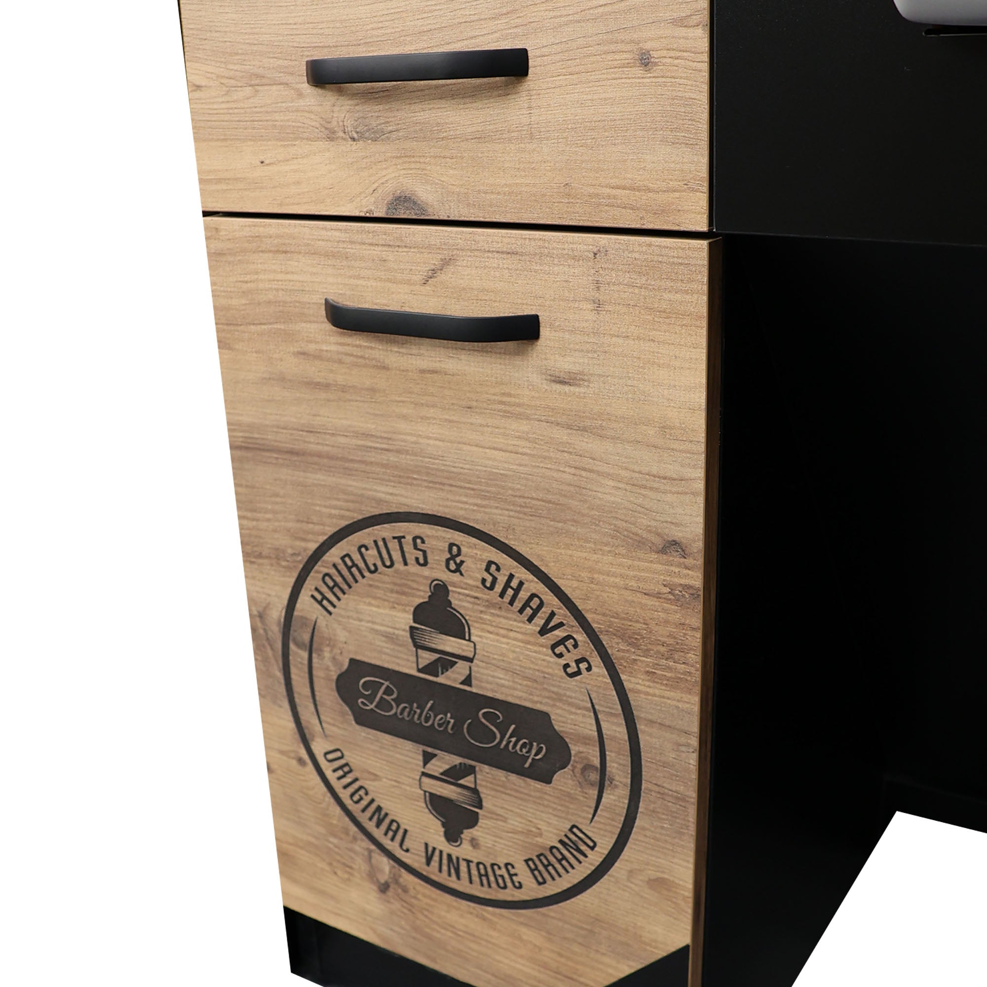 Barber Station Unit - Light Wood & Black Station With Barbershop Logos