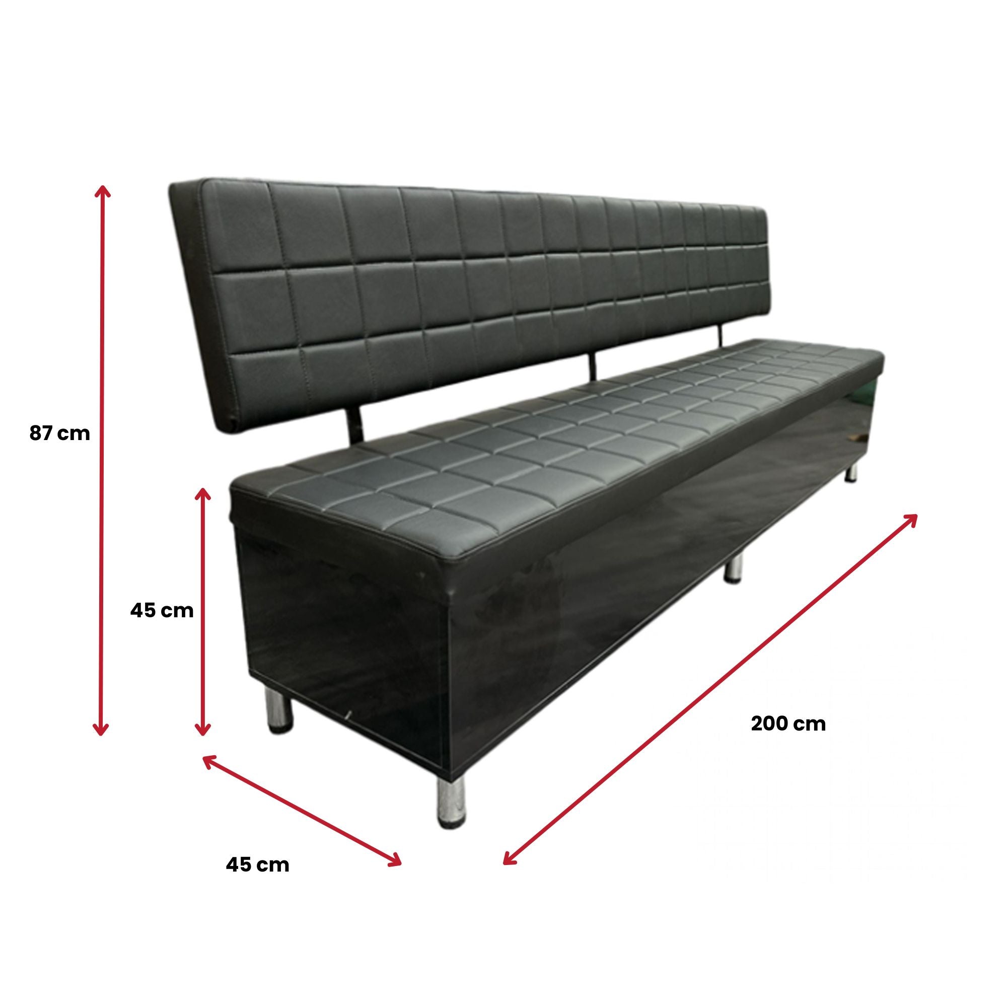 Salon Waiting Bench - Black Quilted Upholstery With Ottoman Storage