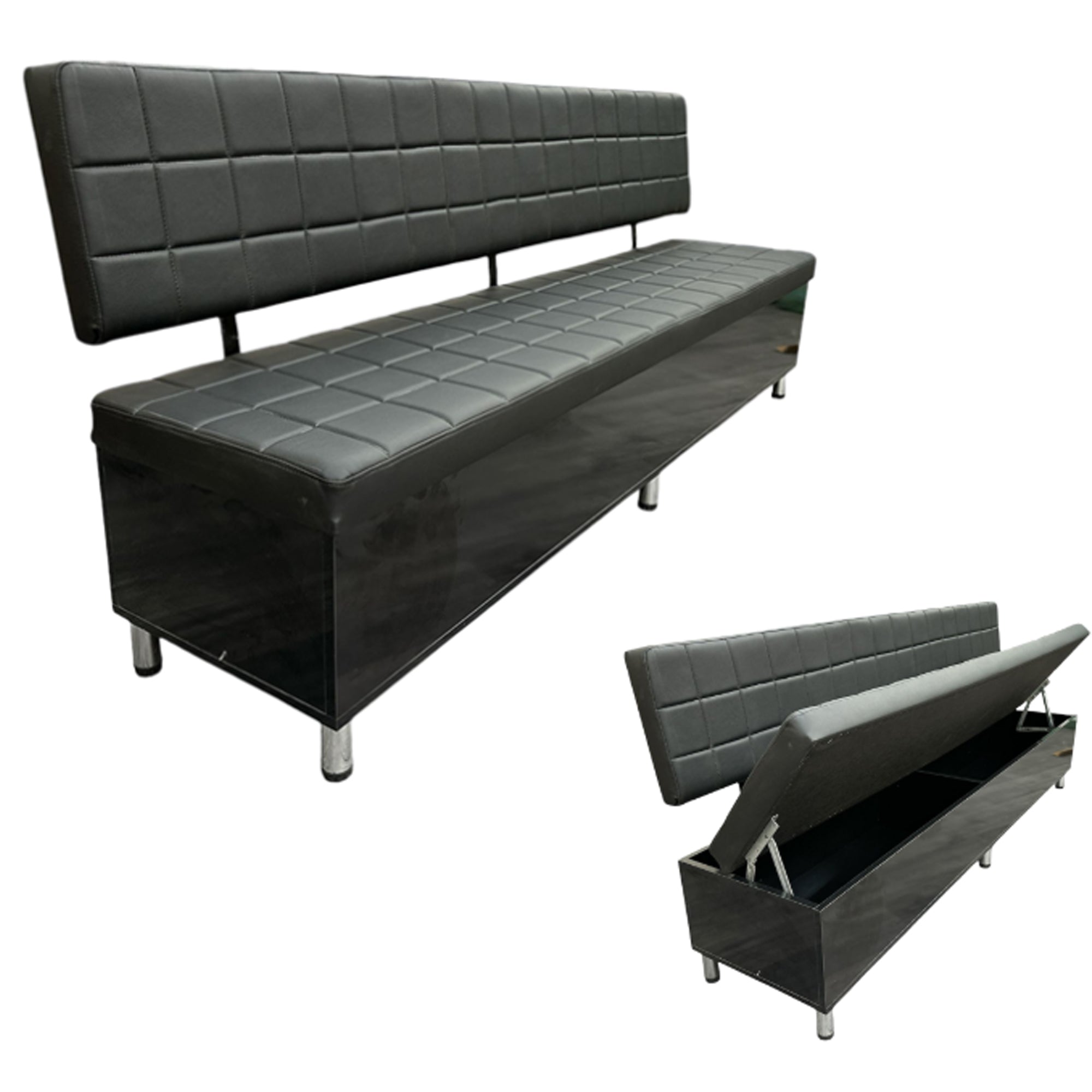 Salon Waiting Bench - Black Quilted Upholstery With Ottoman Storage