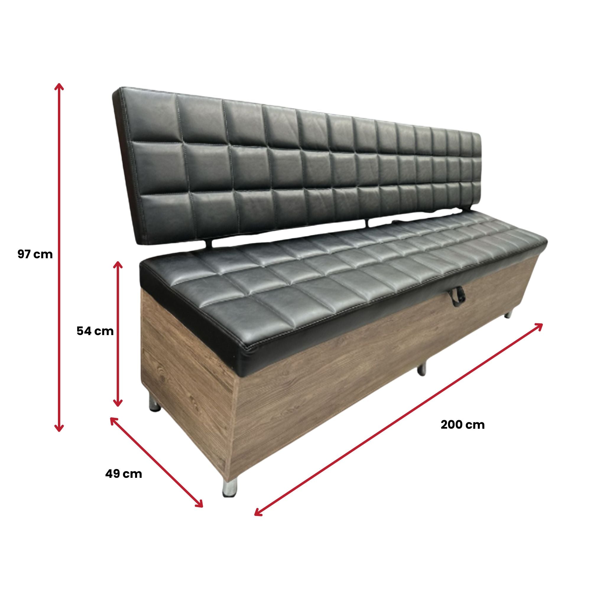 Salon Waiting Bench - Black Quilted Upholstery With Wood Effect Ottoman Storage