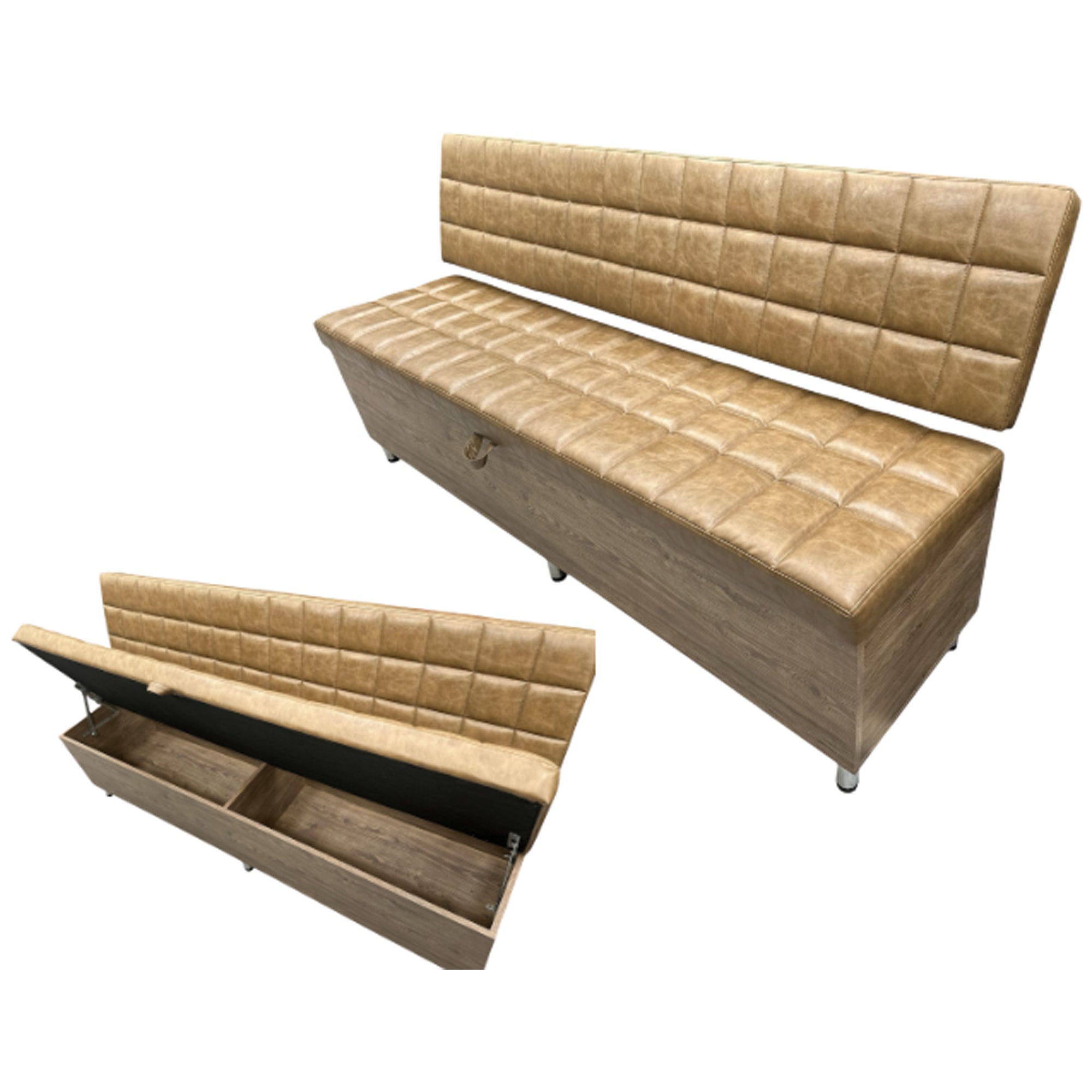 Salon Waiting Bench - Tan Quilted Upholstery with Medium Wood Effect Base & Storage