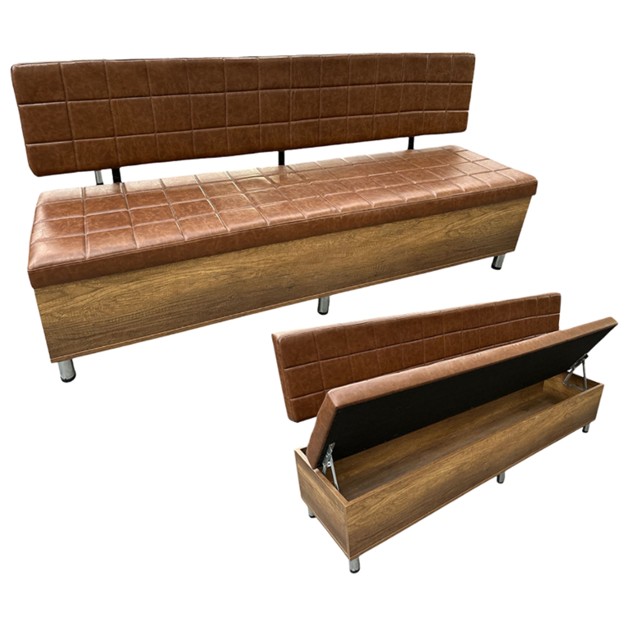 Salon Waiting Bench - Brown Quilted Upholstery with Medium Wood Effect Base & Storage