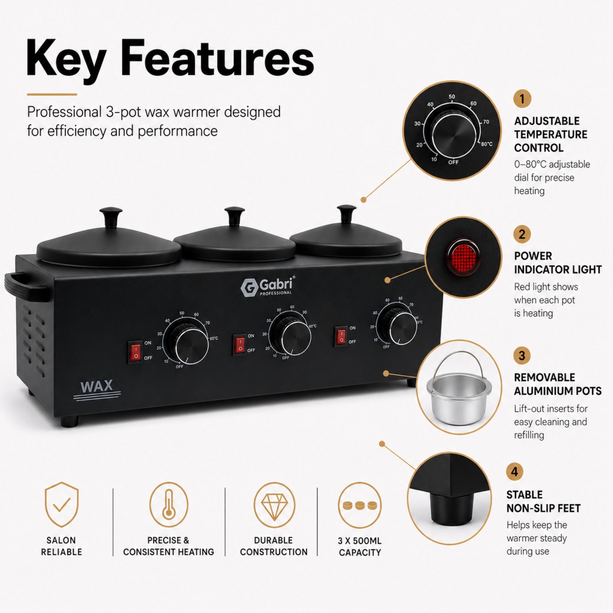 Gabri - 3 Pot Wax Heater Warmer Black