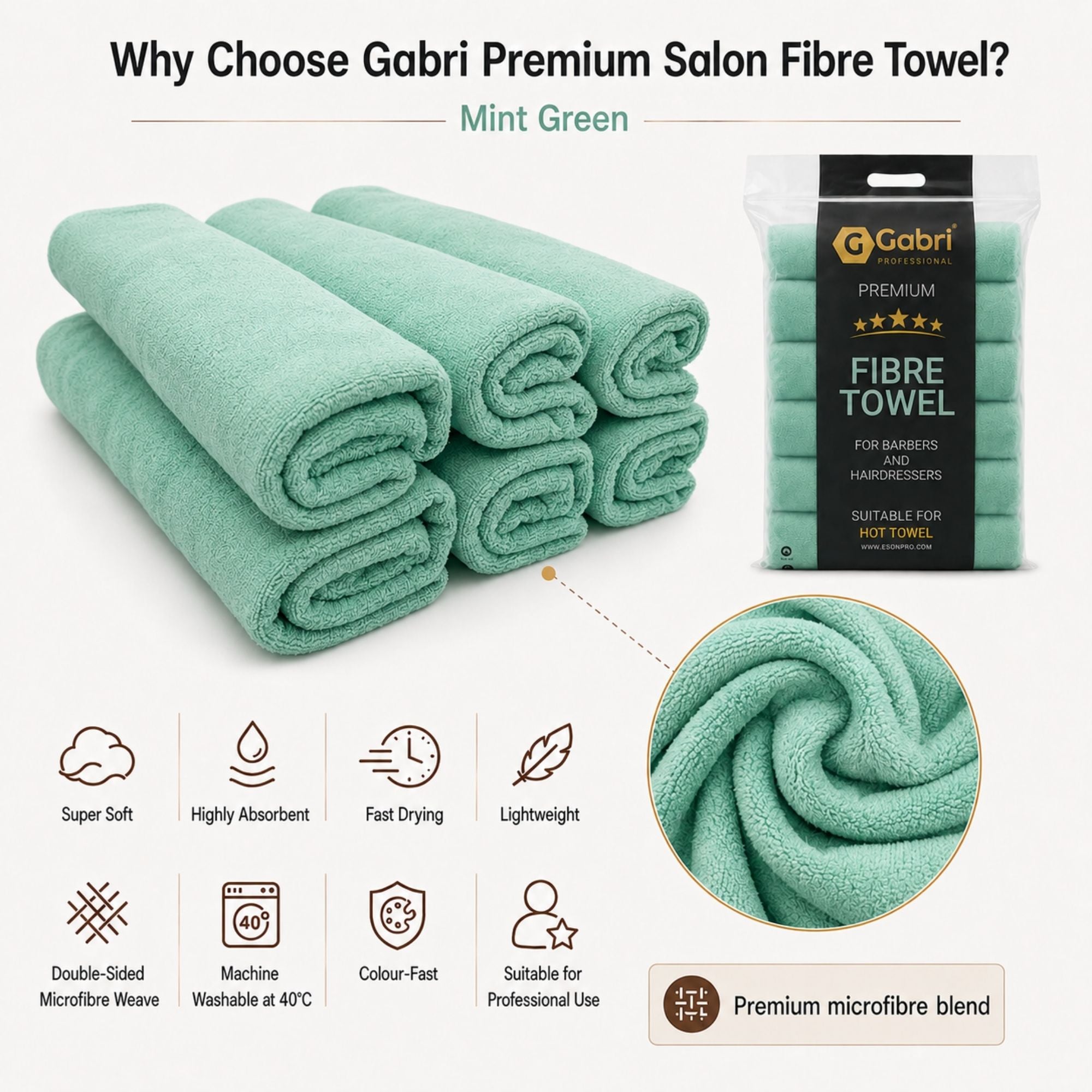 Gabri - Premium Salon Fibre Towel Mint Green (Pack of 6)