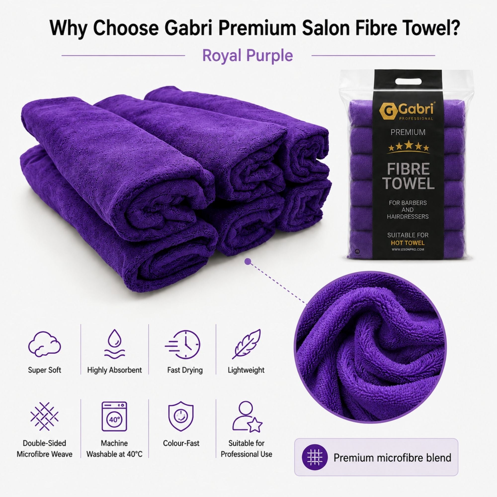 Gabri - Premium Salon Fibre Towel Royal Purple (Pack of 6)