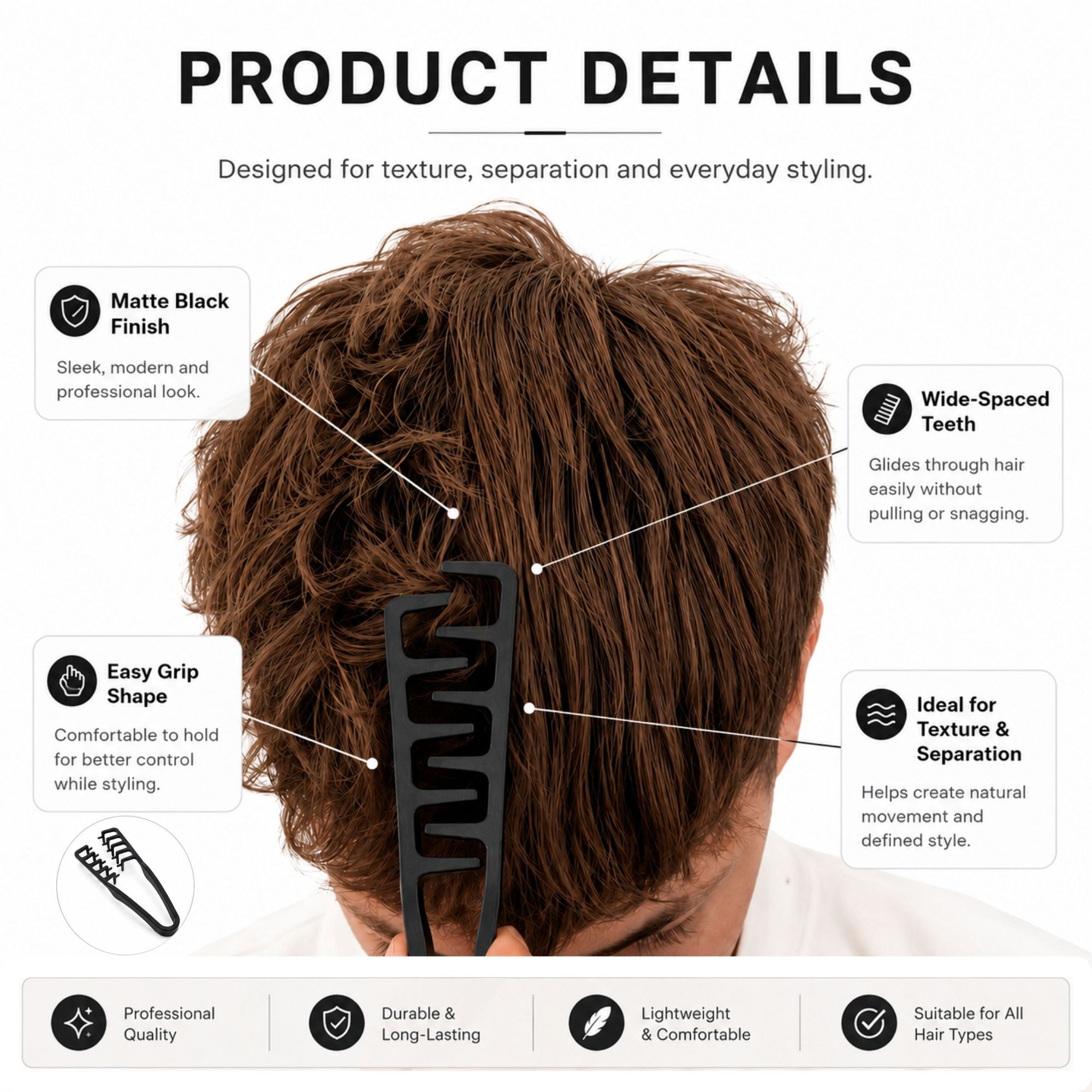 Gabri - Professional Wide-Tooth Texturising & Root Lift Comb Black