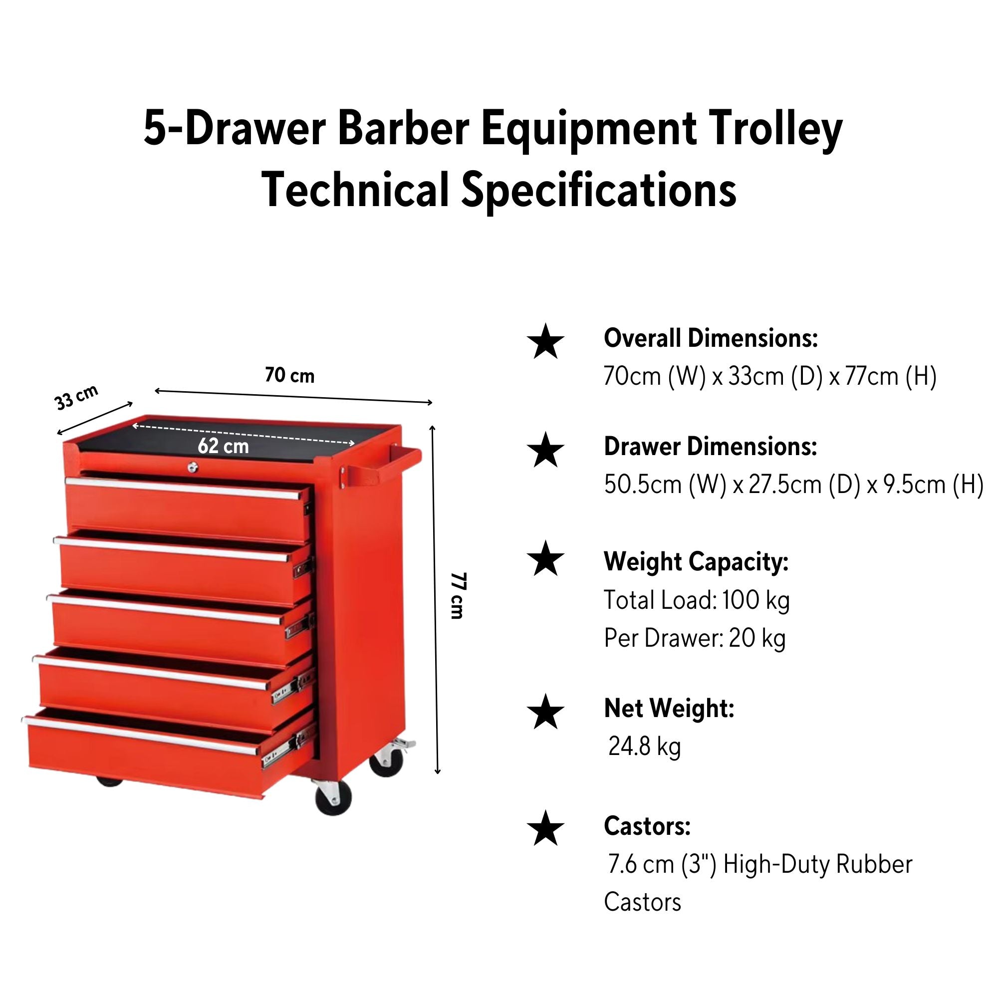 Eson - Professional 5-Drawer Salon & Barber Equipment Workstation Trolley
