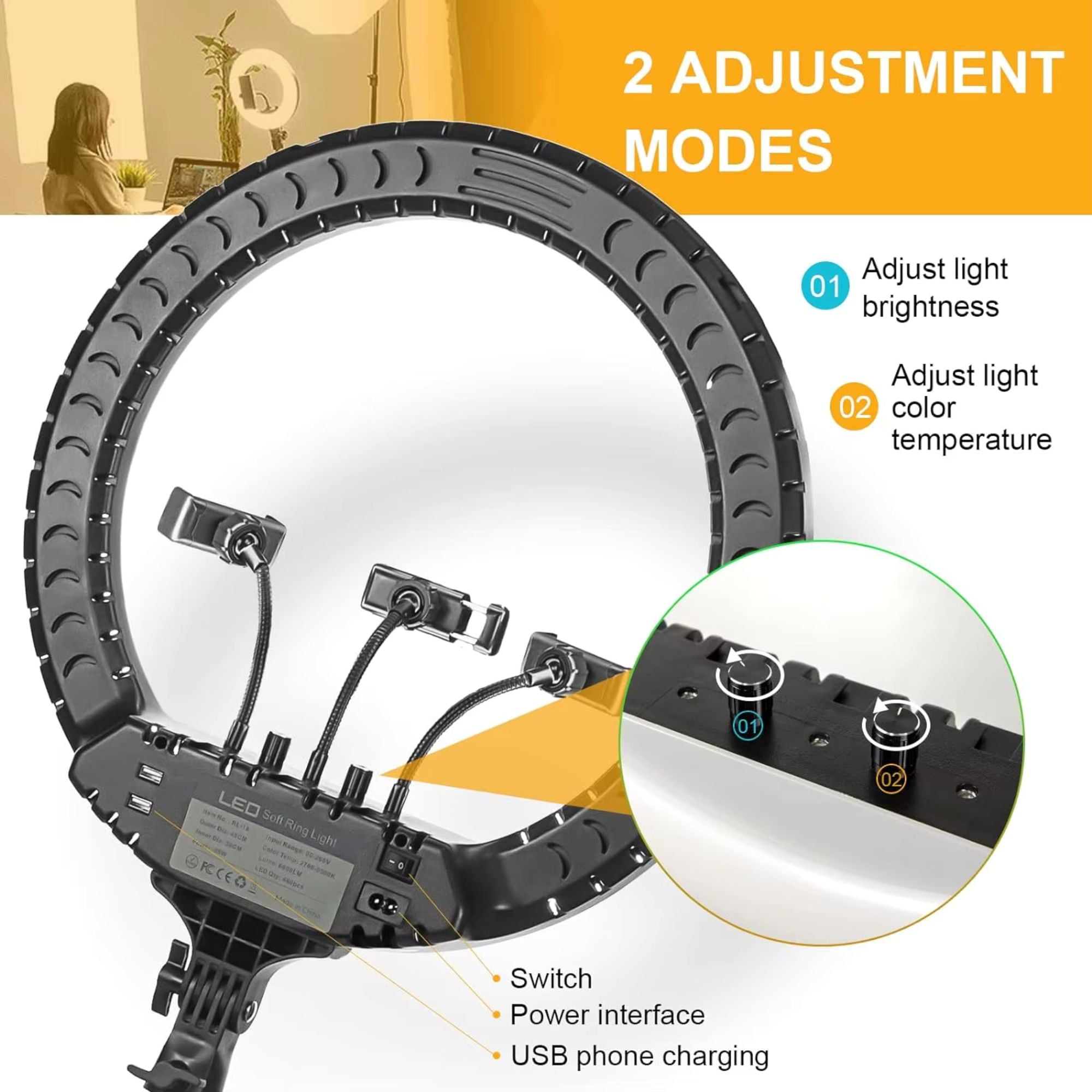 Eson - RL-18 Dimmable LED Soft Ring Light with 3 Phone Holders, Remote & Tripod 18 inch (45cm)