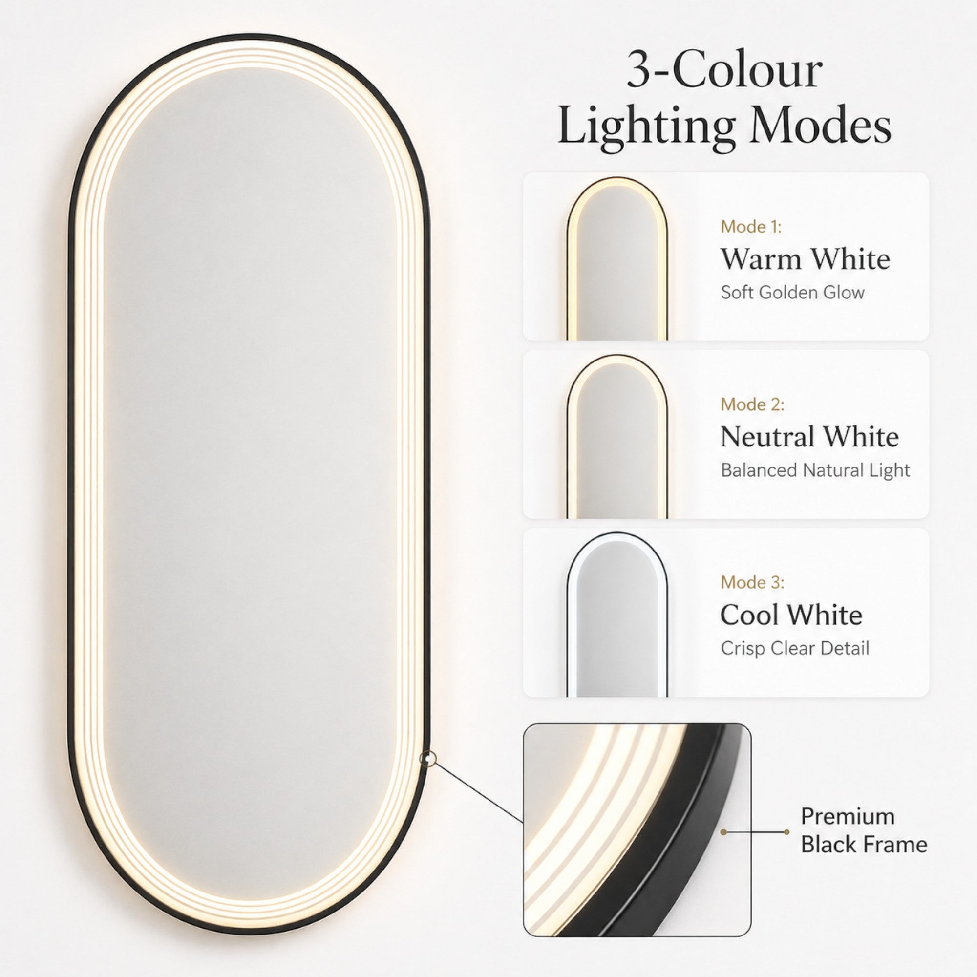 Salon Mirror - Oval Black Framed LED Mirror with Smart Touch Sensor & 3-Colour Lighting Modes