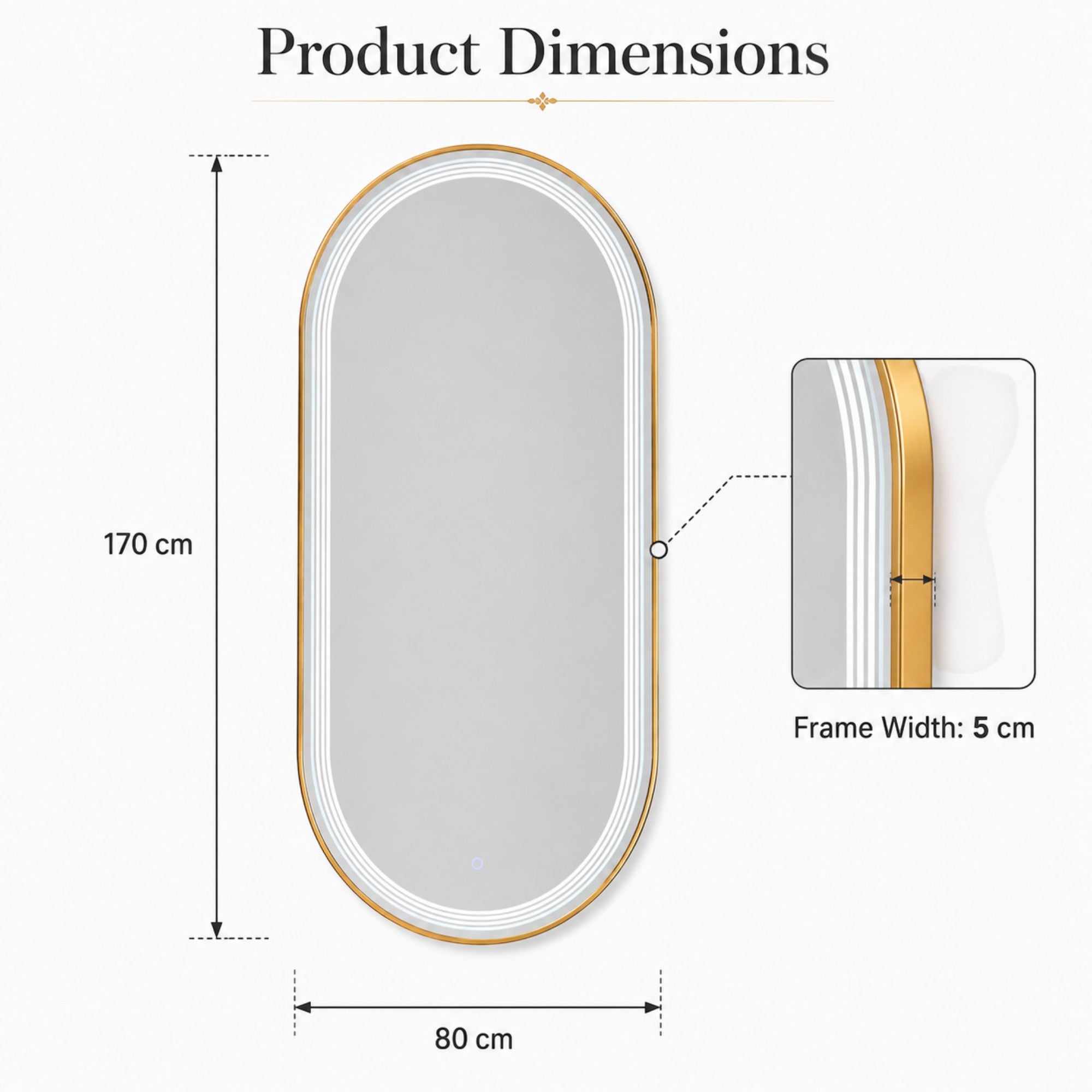 Salon Mirror - Oval Gold Framed LED Mirror with Smart Touch Sensor & 3-Colour Lighting Modes