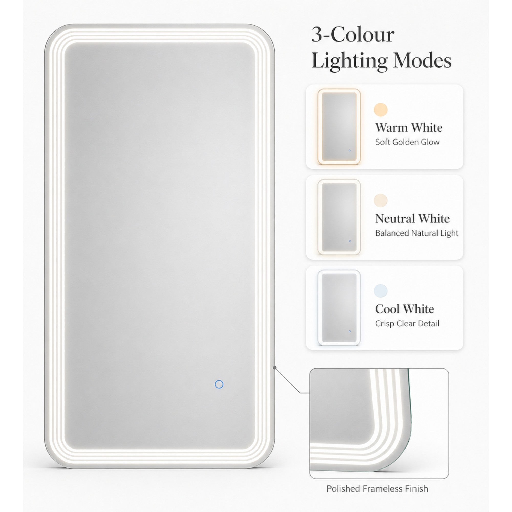 Salon Mirror - Rectangular Frameless LED Mirror with Smart Touch Sensor & 3-Colour Lighting Modes