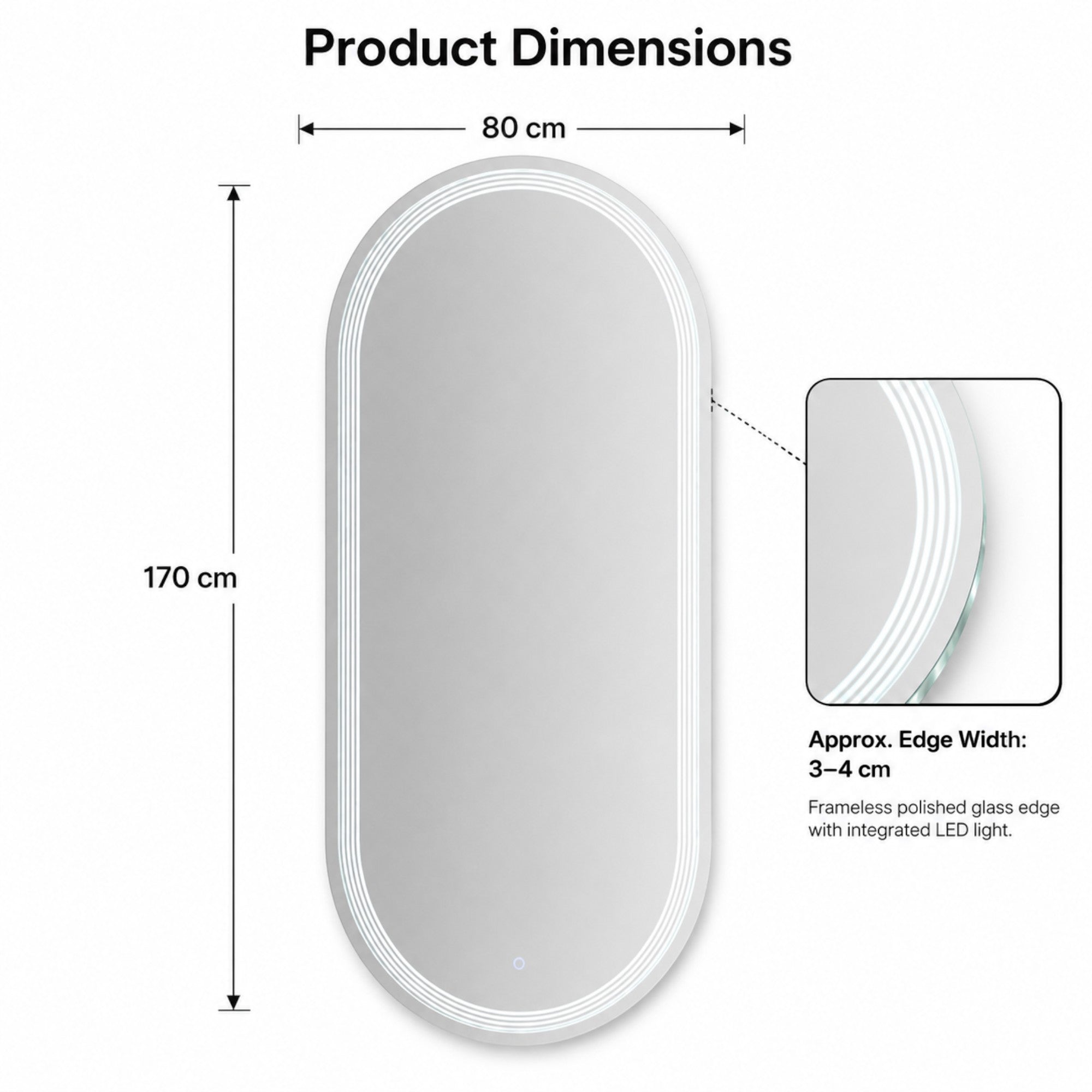 Salon Mirror - Oval Frameless LED Mirror with Smart Touch Sensor & 3-Colour Lighting Modes