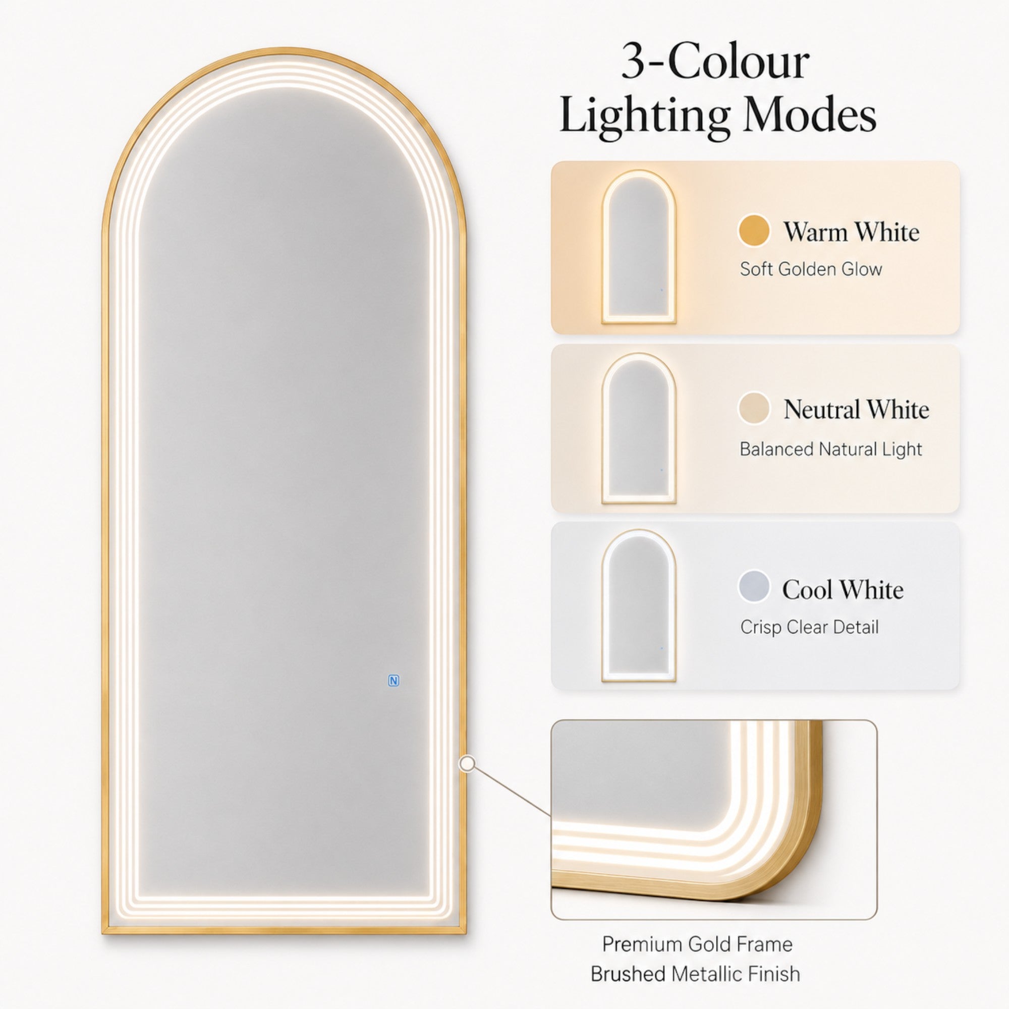 Salon Mirror - Arched Gold Framed LED Mirror with Smart Touch Sensor & 3-Colour Lighting Modes