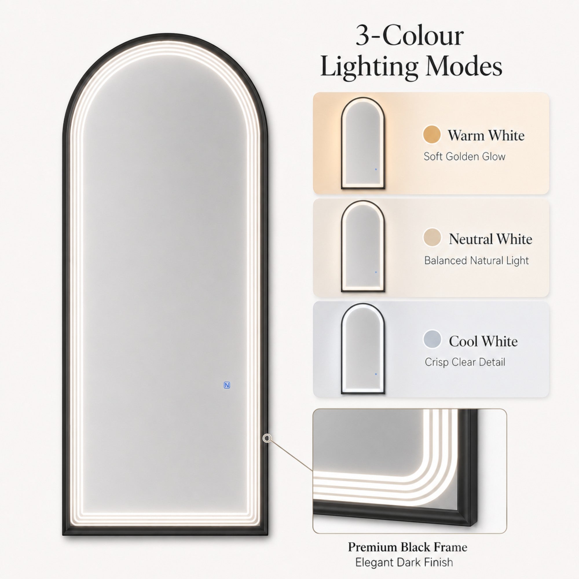 Salon Mirror - Arched Black Framed LED Mirror with Smart Touch Sensor & 3-Colour Lighting Modes