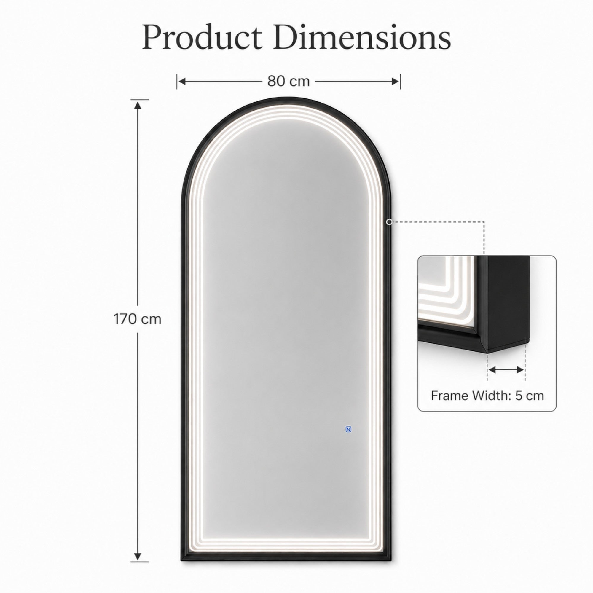 Salon Mirror - Arched Black Framed LED Mirror with Smart Touch Sensor & 3-Colour Lighting Modes