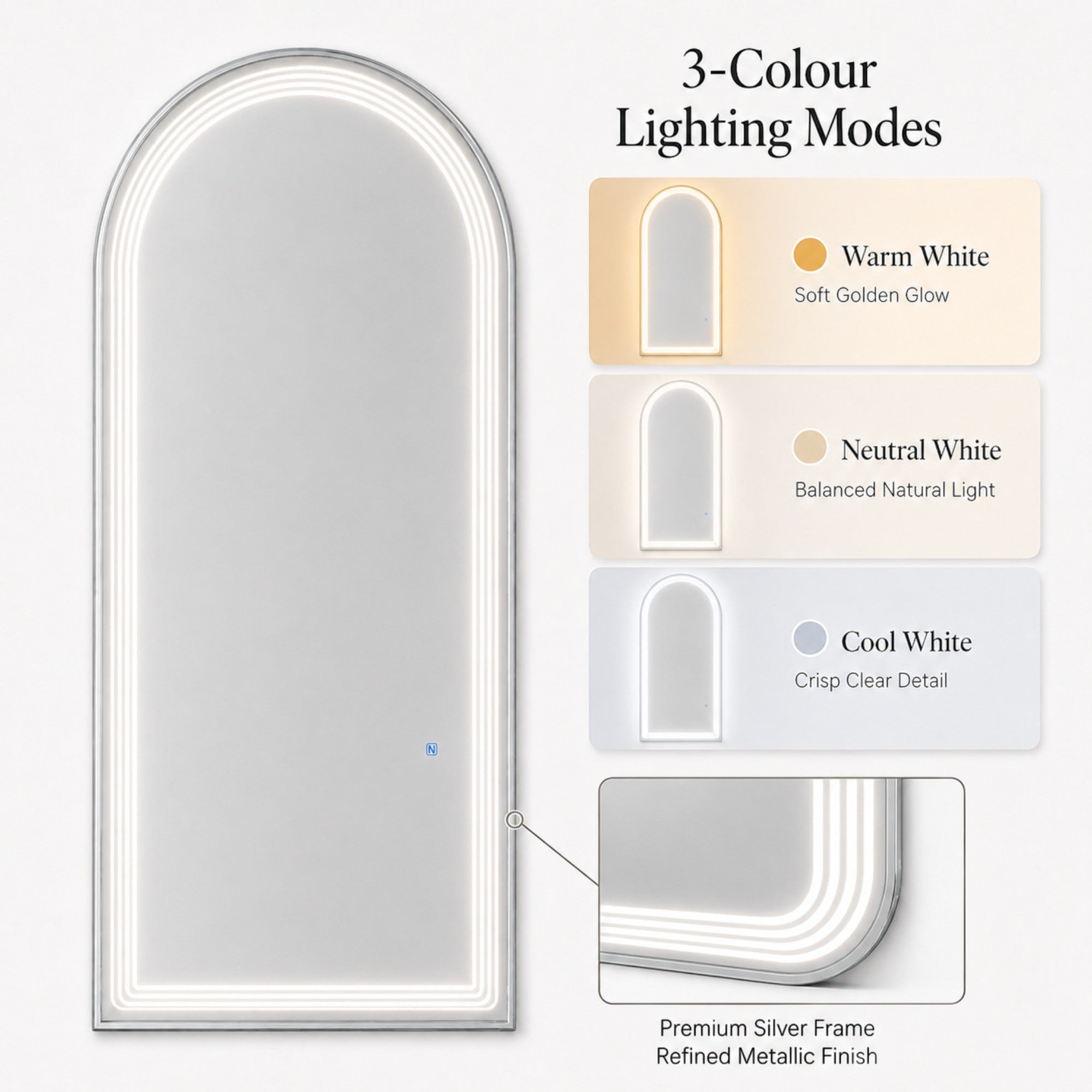 Salon Mirror - Arched Silver Framed LED Mirror with Smart Touch Sensor & 3-Colour Lighting Modes
