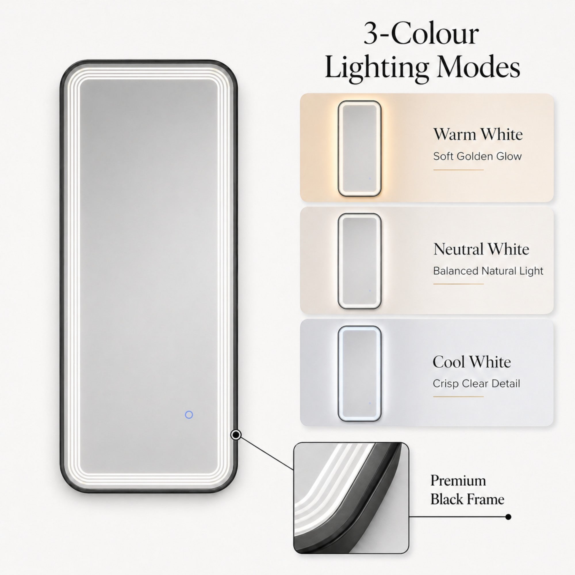 Salon Mirror - Rectangular Black Framed LED Mirror with Smart Touch Sensor & 3-Colour Lighting Modes