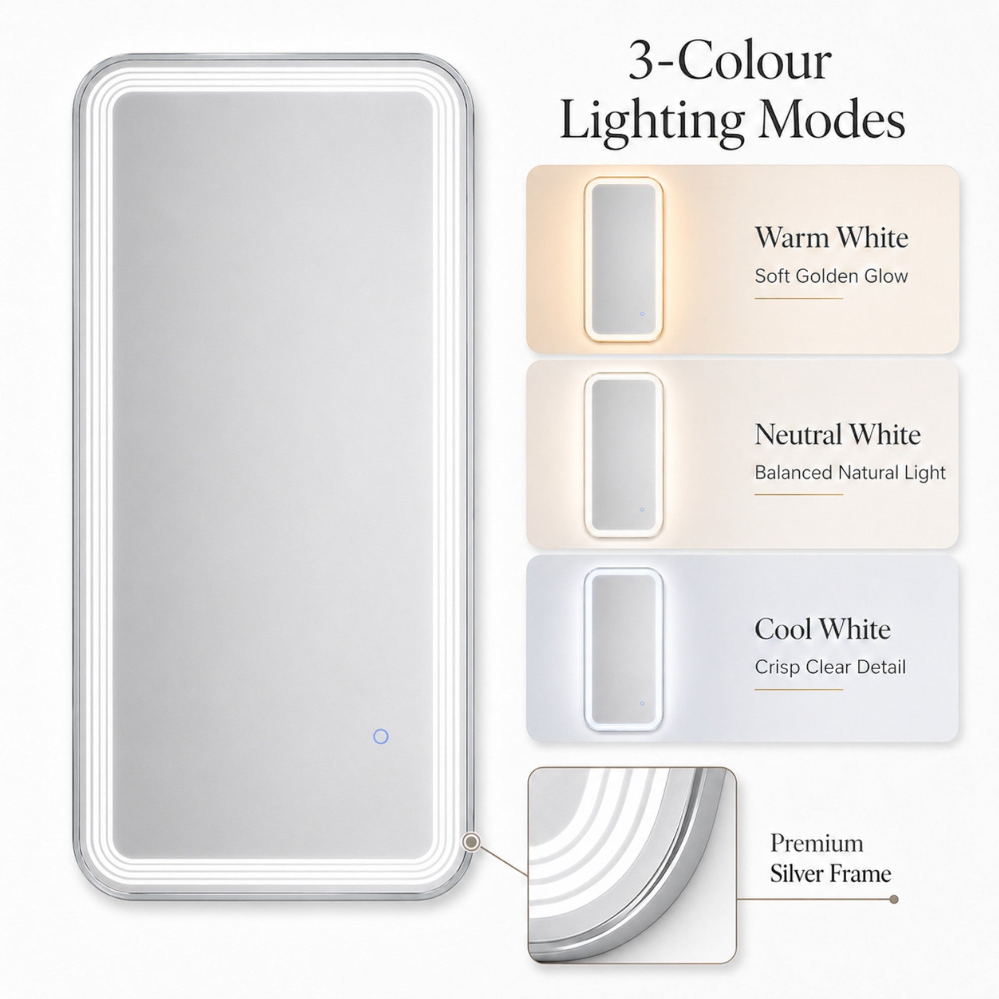 Salon Mirror - Rectangular Silver Framed LED Mirror with Smart Touch Sensor & 3-Colour Lighting Modes