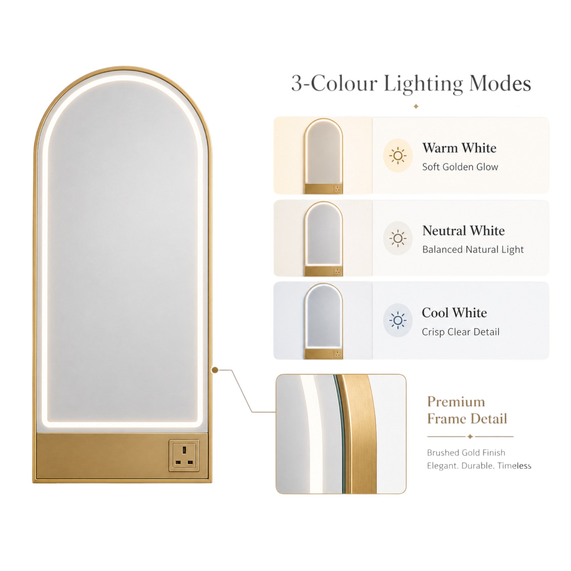 Salon Mirror - Arched Gold Framed LED Station Mirror with Integrated Plug Socket, Smart Touch Sensor & 3-Colour Lighting Modes