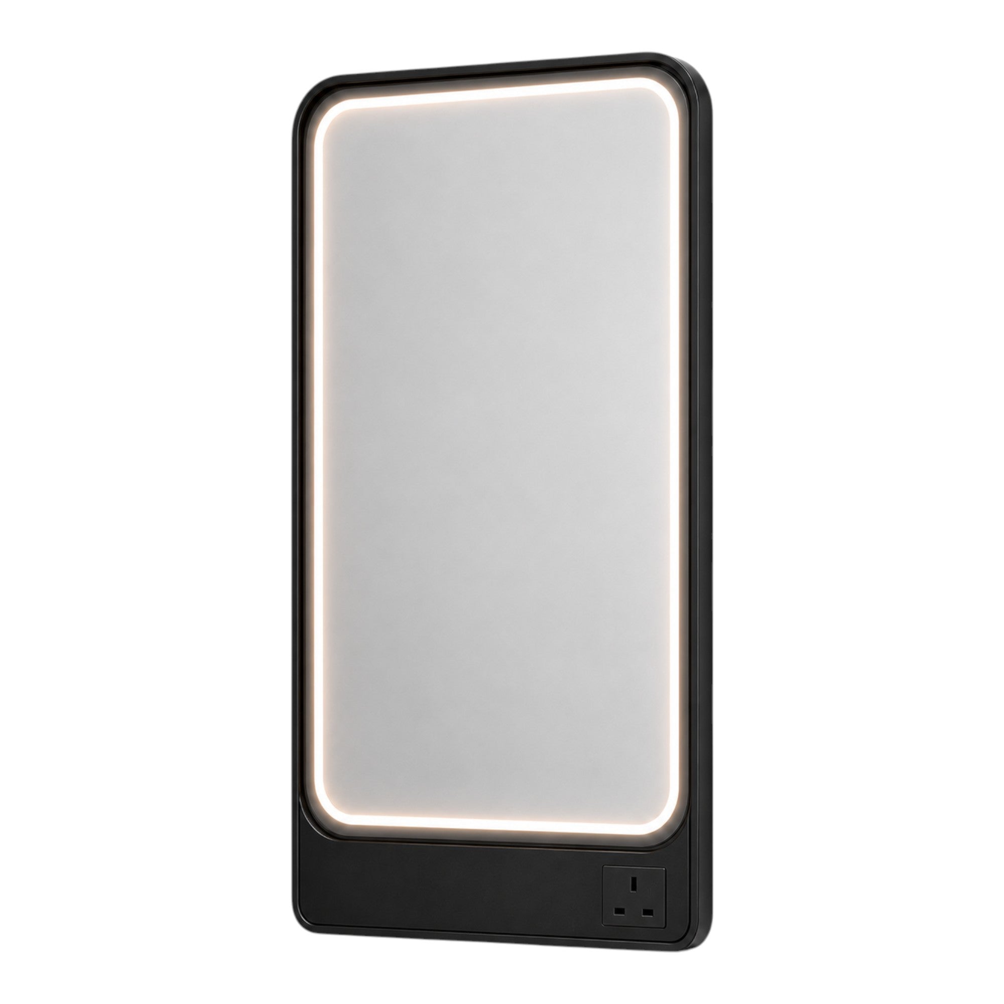 Salon Mirror - Rectangular Black Framed LED Station Mirror with Integrated Plug Socket, Smart Touch Sensor & 3-Colour Lighting Modes