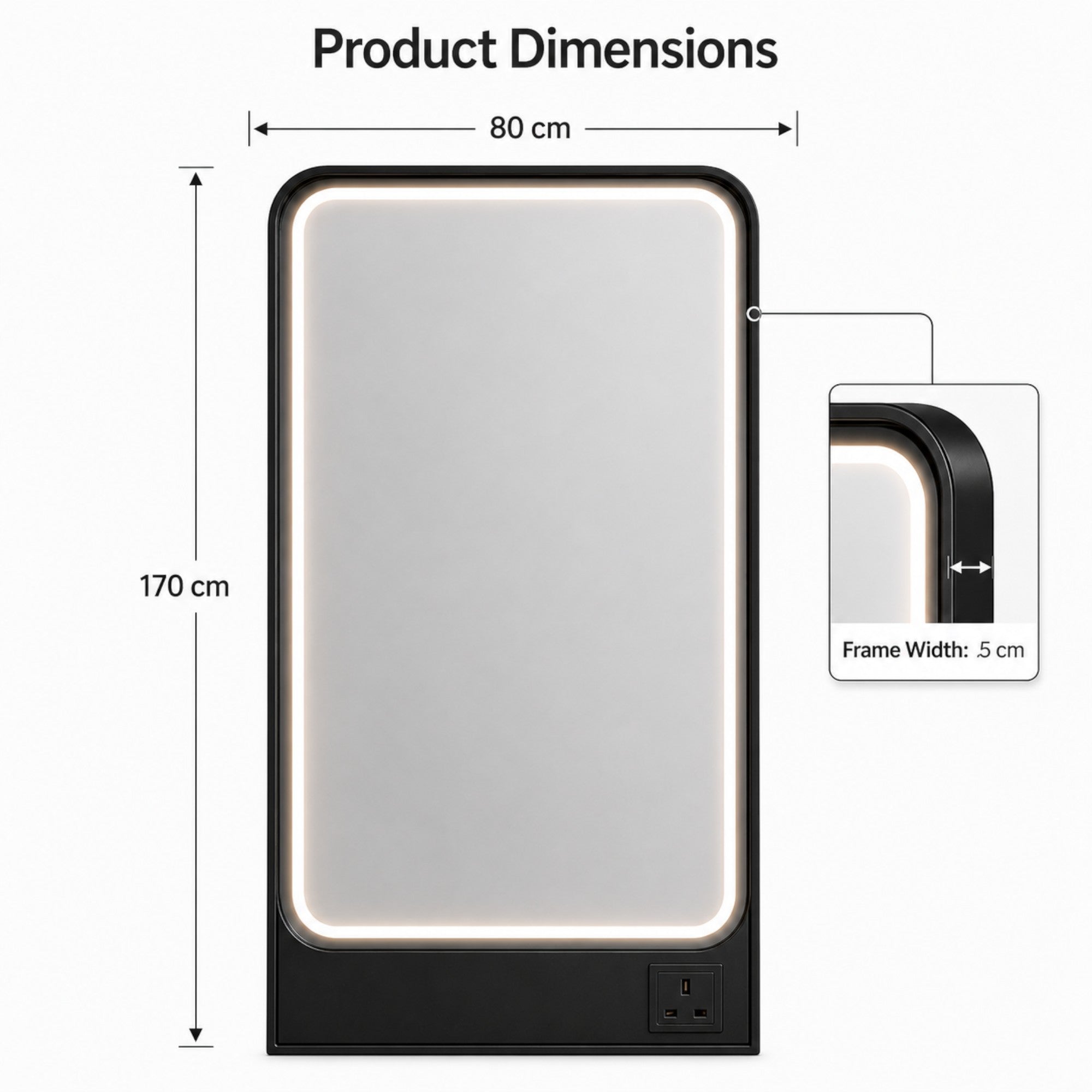 Salon Mirror - Rectangular Black Framed LED Station Mirror with Integrated Plug Socket, Smart Touch Sensor & 3-Colour Lighting Modes