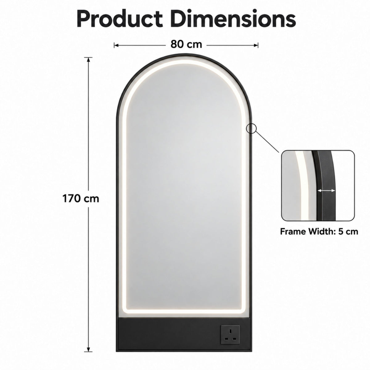 Salon Mirror - Arched Black Framed LED Station Mirror with Integrated Plug Socket, Smart Touch Sensor & 3-Colour Lighting Modes