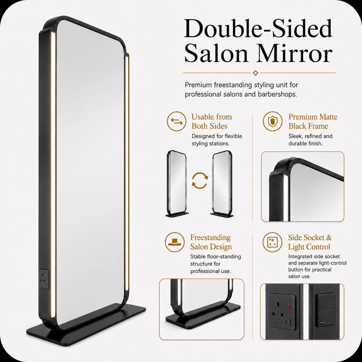 Salon Mirror - Double-Sided Freestanding Black Framed LED Mirror
