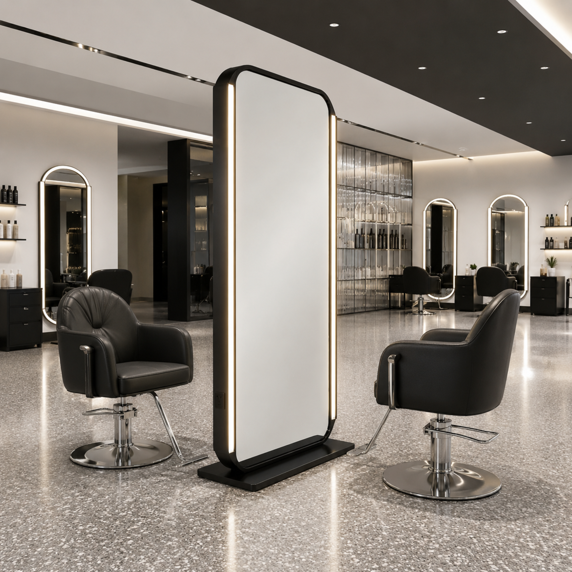 Salon Mirror - Double-Sided Freestanding Black Framed LED Mirror