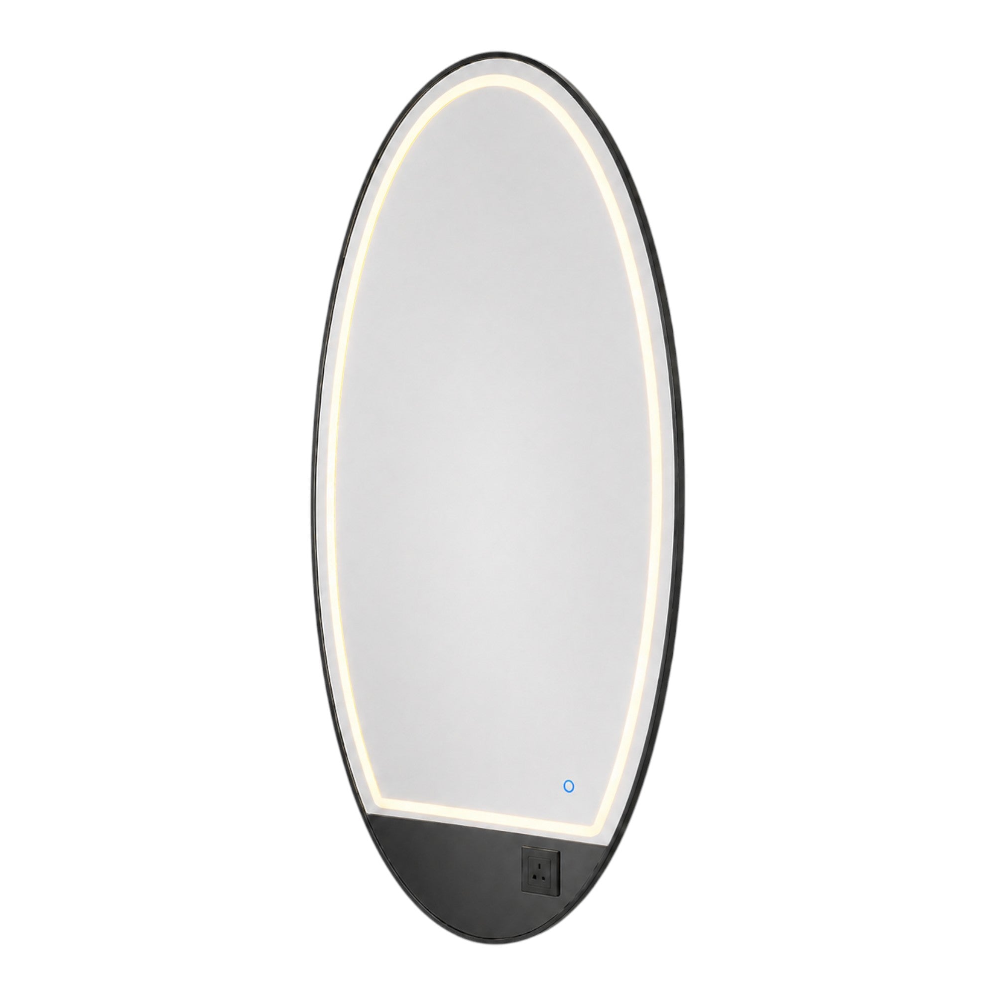 Salon Mirror - Oval Black Framed LED Station Mirror with Integrated Plug Socket, Smart Touch Sensor & 3-Colour Lighting Modes