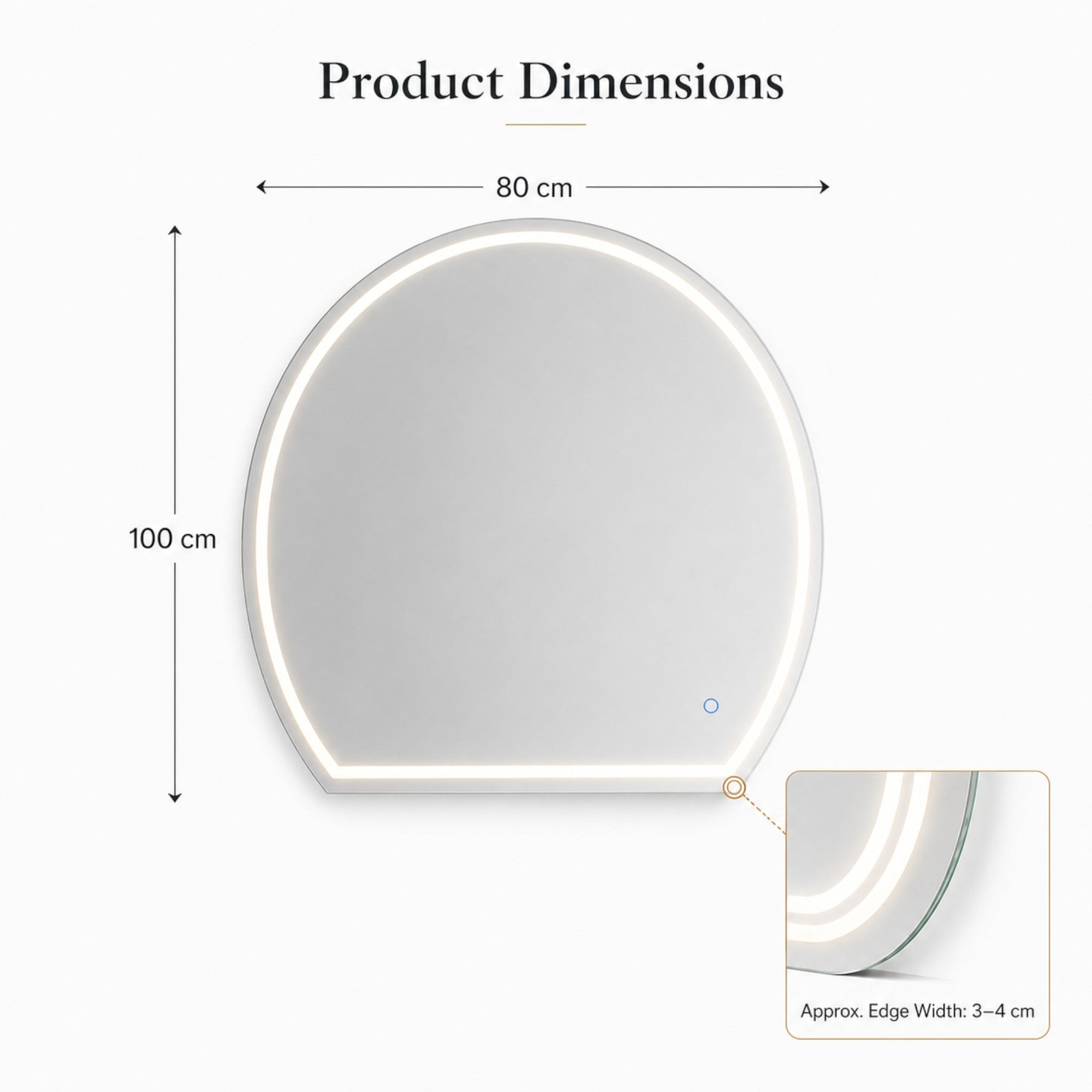 Salon Mirror - Wide Half-Moon Frameless LED Mirror with Smart Touch Sensor & 3-Colour Lighting Modes