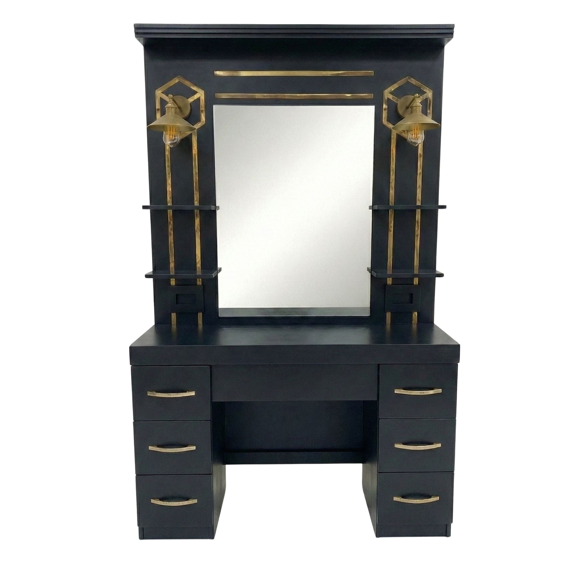 Barber Station Unit - Matte Black Finish with Gold Handles & Lights