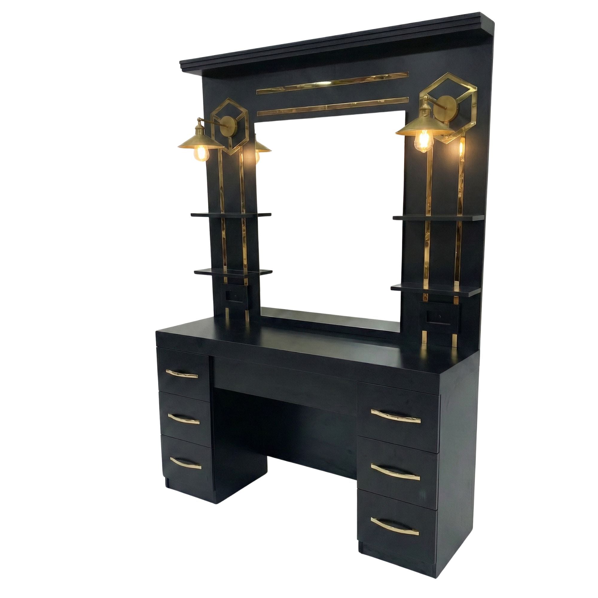 Barber Station Unit - Matte Black Finish with Gold Handles & Lights