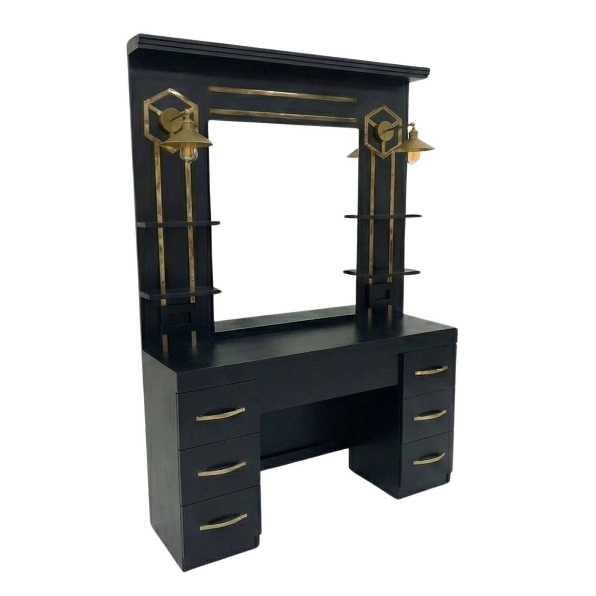 Barber Station Unit - Matte Black Finish with Gold Handles & Lights