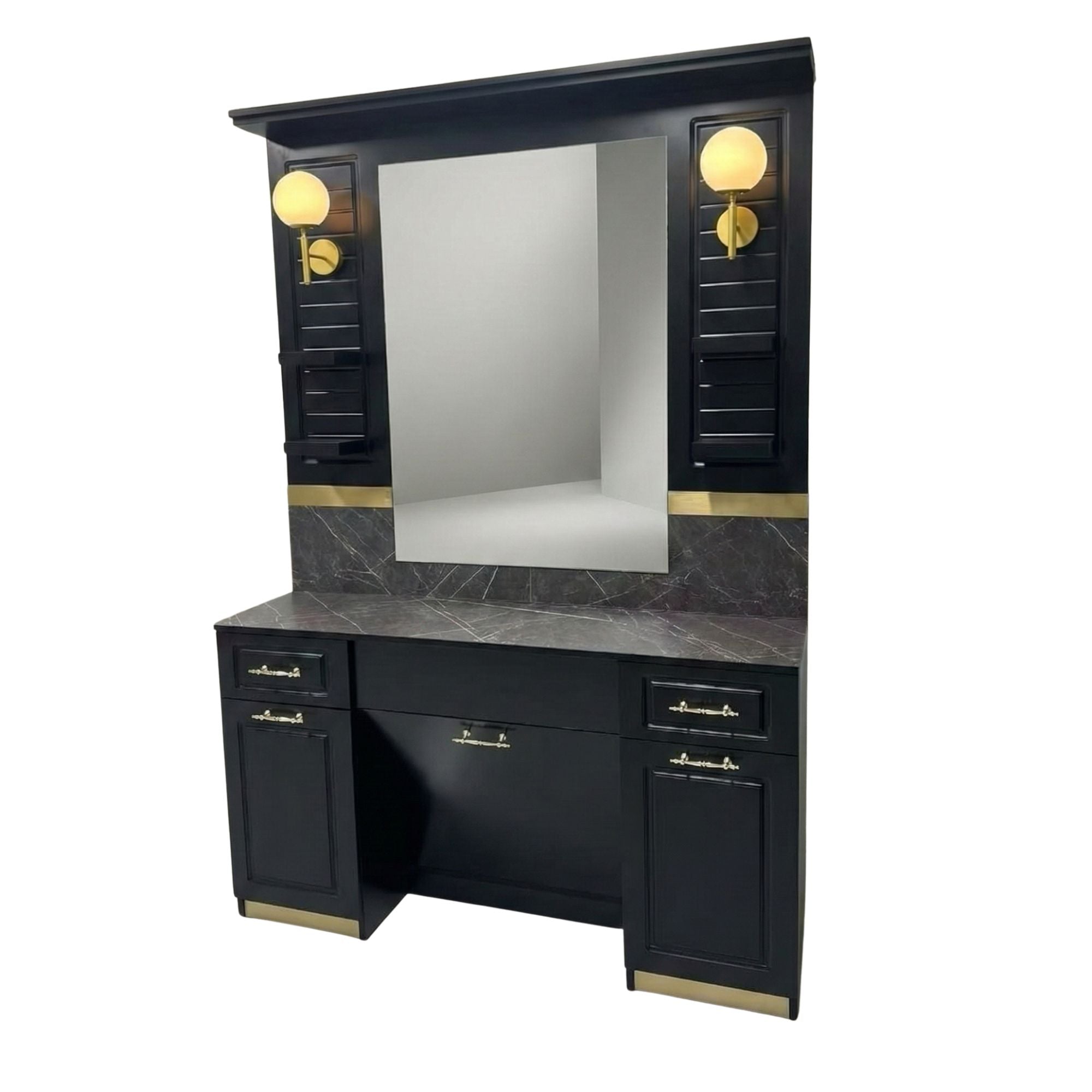 Barber Station Unit - Black & Gold Finish with Marble Effect Counter