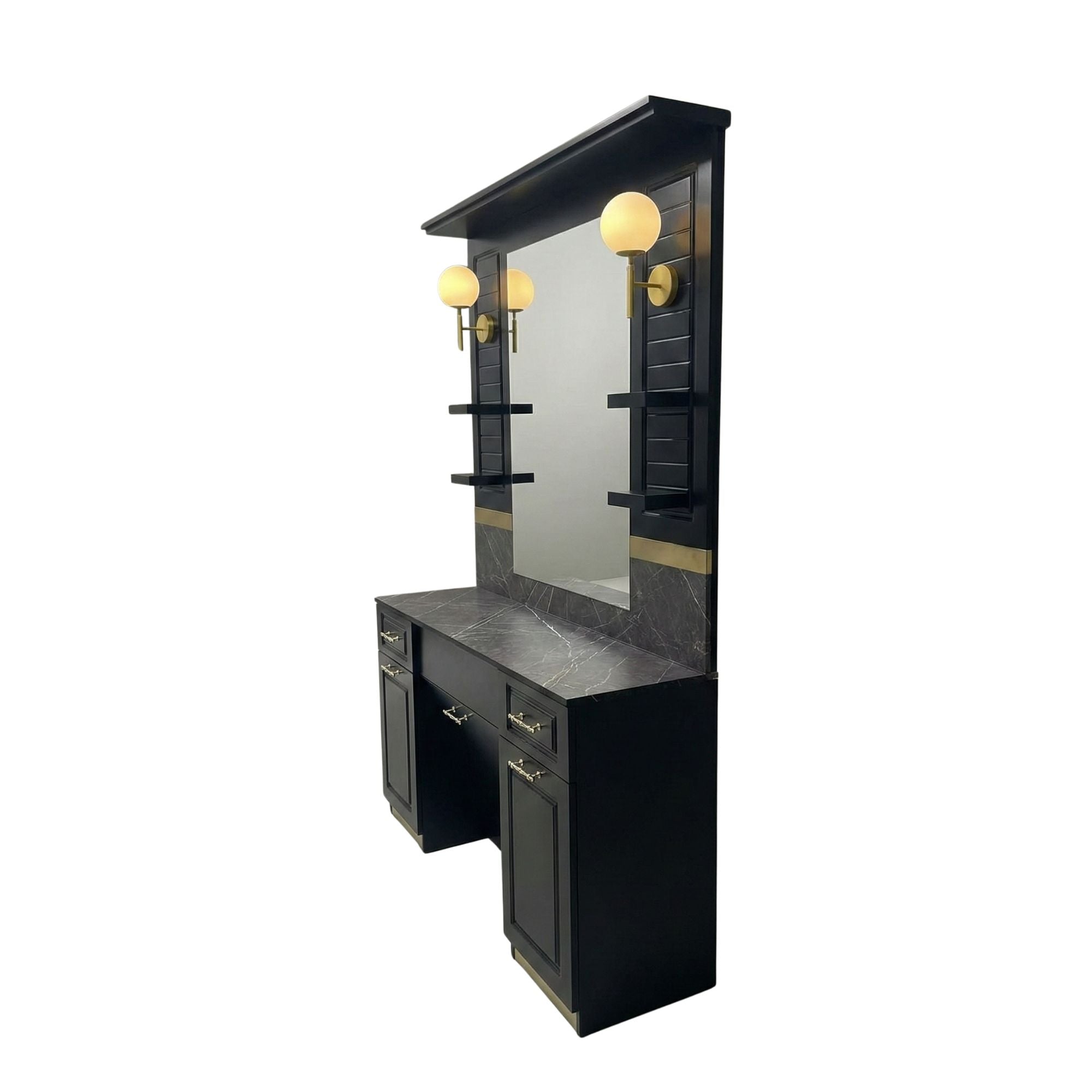 Barber Station Unit - Black & Gold Finish with Marble Effect Counter