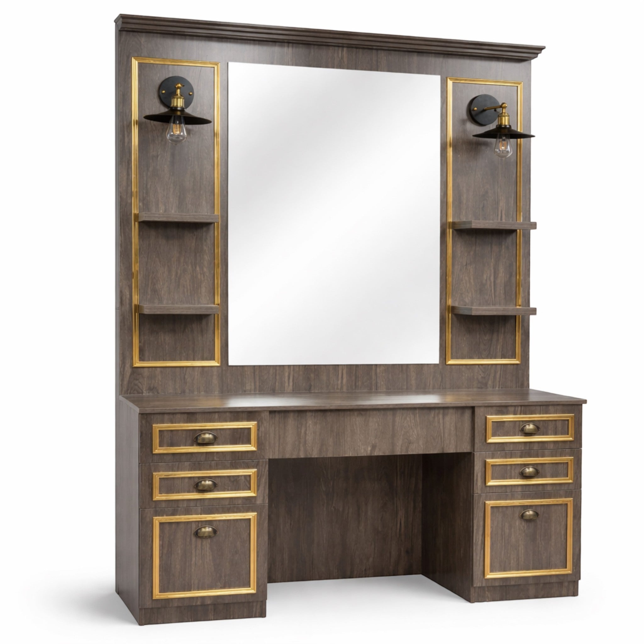 Barber Station Unit - Wood Effect Mirror Unit with Lights