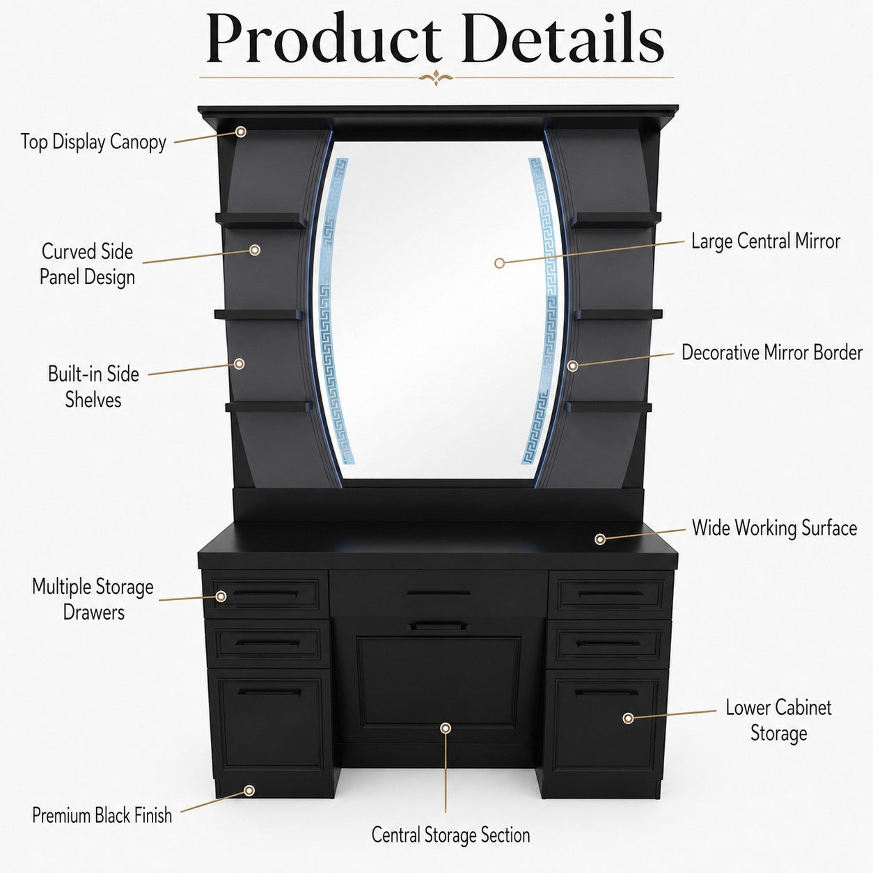 Barber Station Unit - Black Mirror Unit with Shelves