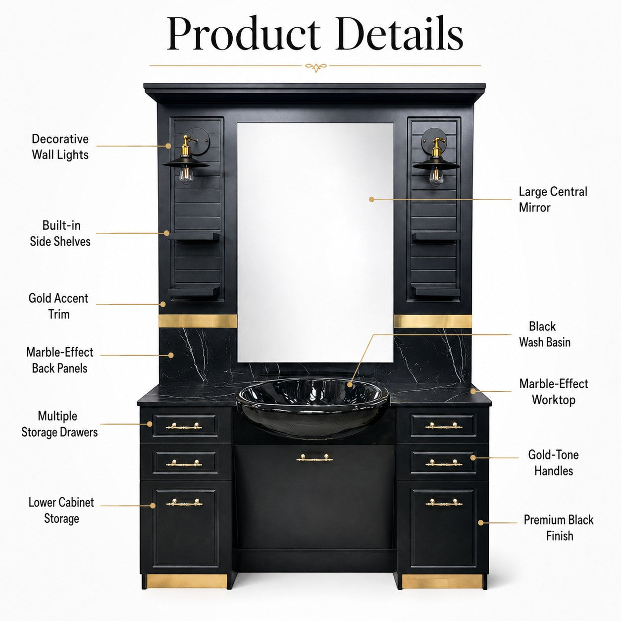 Barber Station Unit - Black & Gold Wash Basin Unit