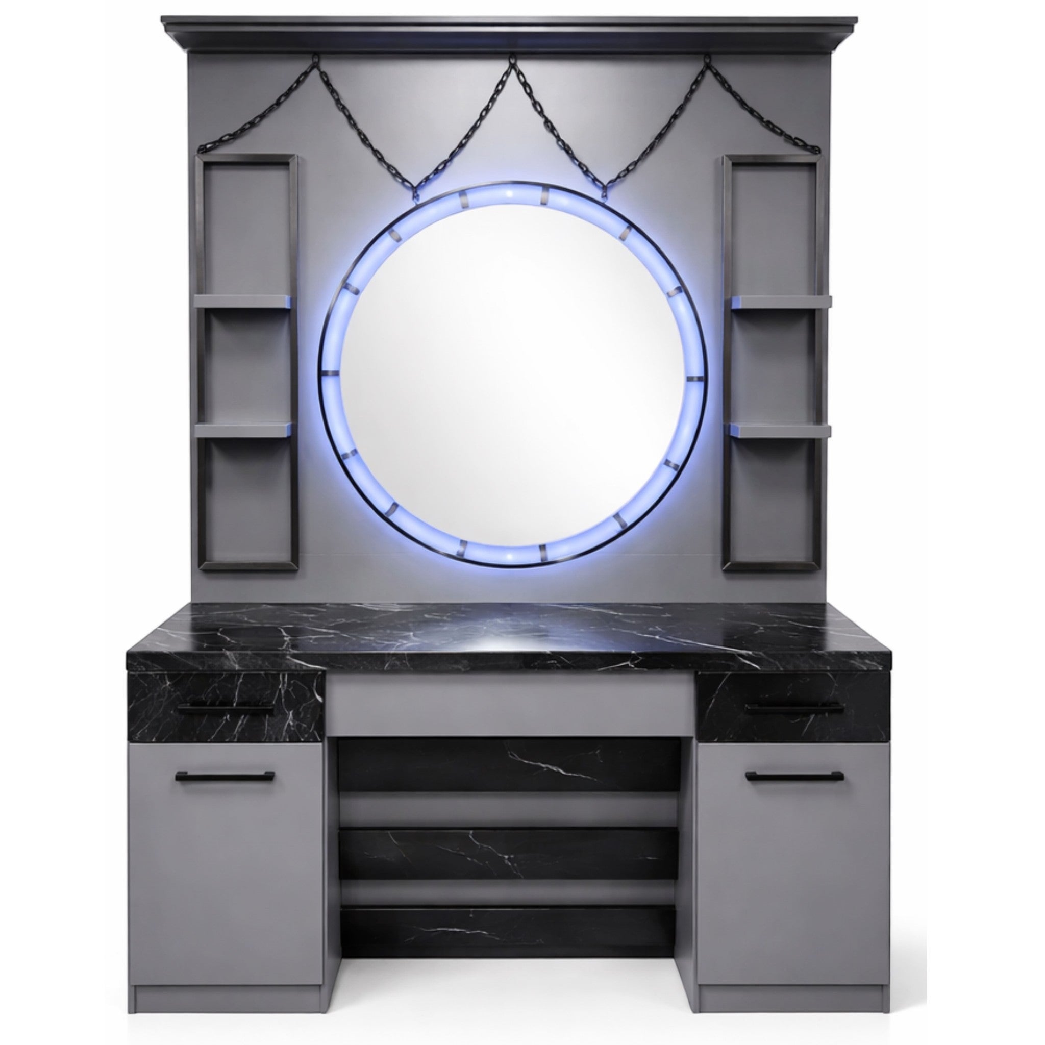 Barber Station Unit - Grey Round Illuminated Mirror Unit