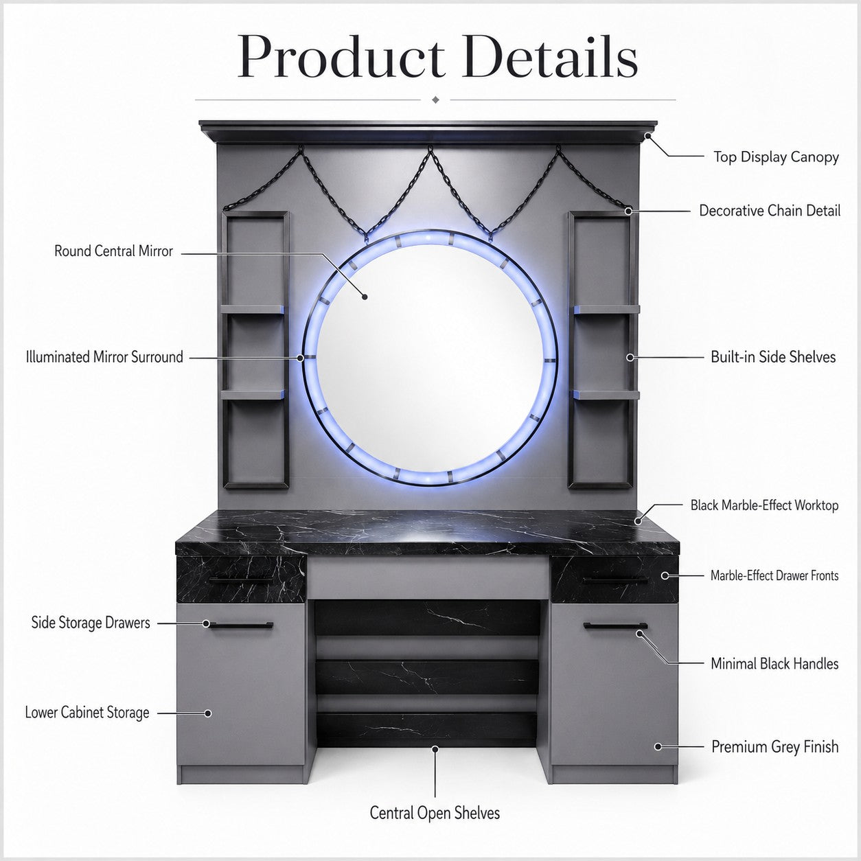Barber Station Unit - Grey Round Illuminated Mirror Unit