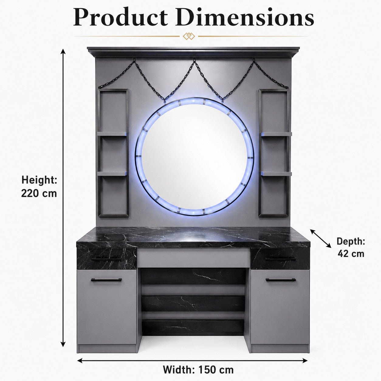 Barber Station Unit - Grey Round Illuminated Mirror Unit