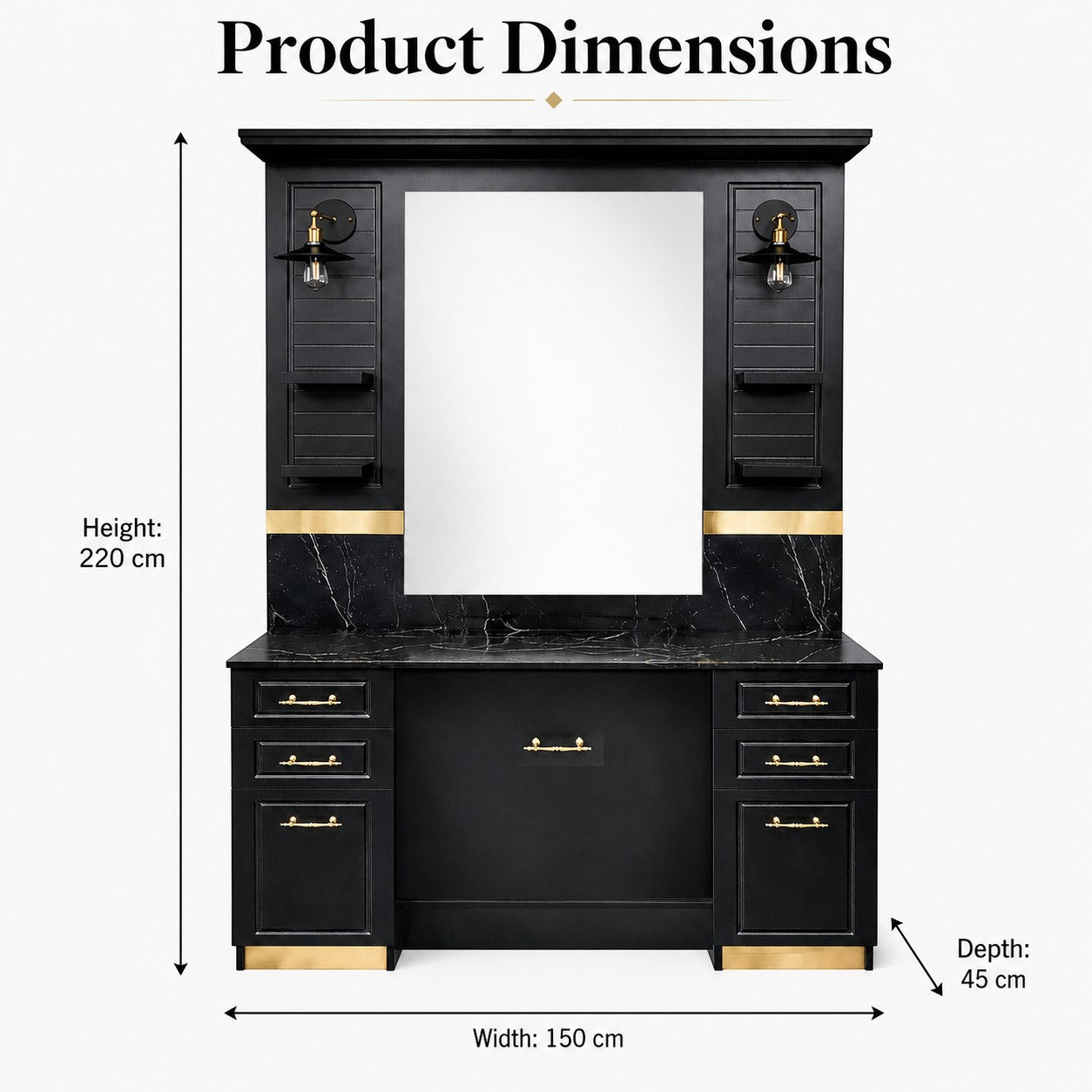 Barber Station Unit - Black & Gold Mirror Styling Unit