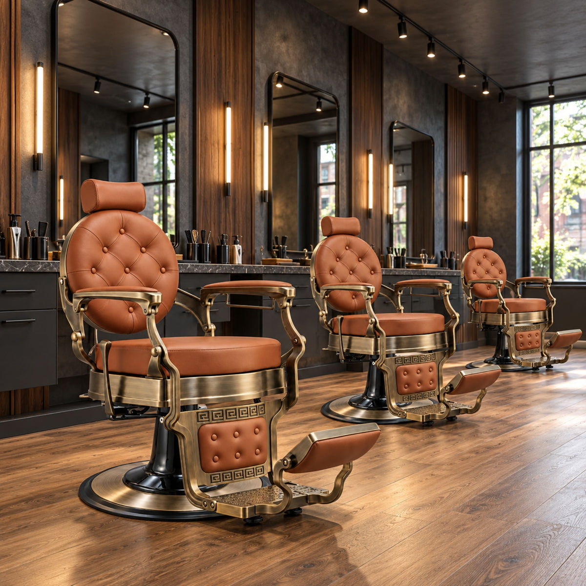 Barber Chair - Vintage Style Tan & Antique Brass Effect Accents